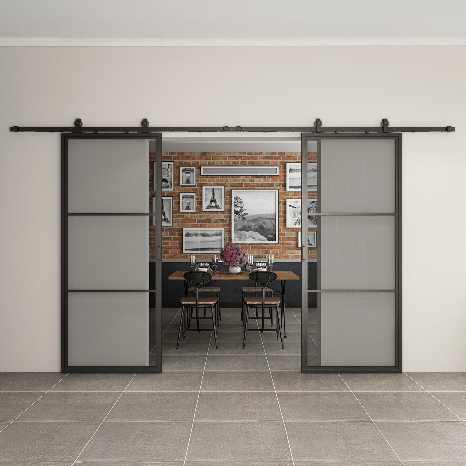 inova wohnen Doppelschiebetür Grauglas mit schwarzem Stahlrahmen (Komplett Set, inkl. offener Laufschiene und Bügelgriff), beidseitiger Softclose, Loftstyle