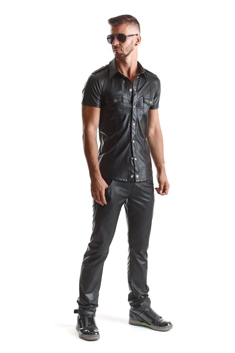 Regnes Fetish Planet Kurzarmhemd Herren wetlook Hemd schwarz mit Stehkragen und Druckknöpfen Männder