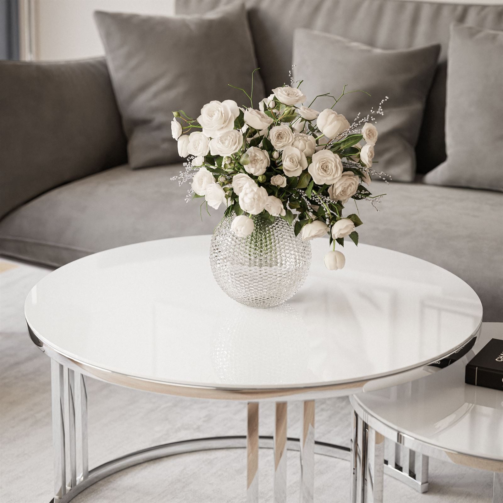 Lookway Couchtisch LORI 2in1 GLASS runder Couchtisch mit silber chrom Gestell (2er Set), Durchmesser: ⌀70 cm und ⌀50 cm