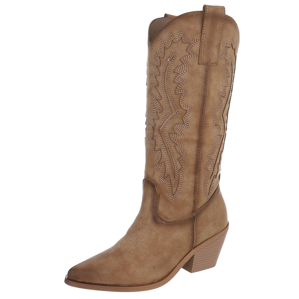 Damen Westernstiefel mit Blockabsatz und Ziernähten Westernstiefel