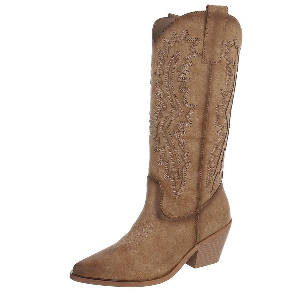 Ital-Design Damen Westernstiefel mit Blockabsatz und Ziernähten Westernstiefel (92002512) Blockabsatz Stiefel in Hellbraun