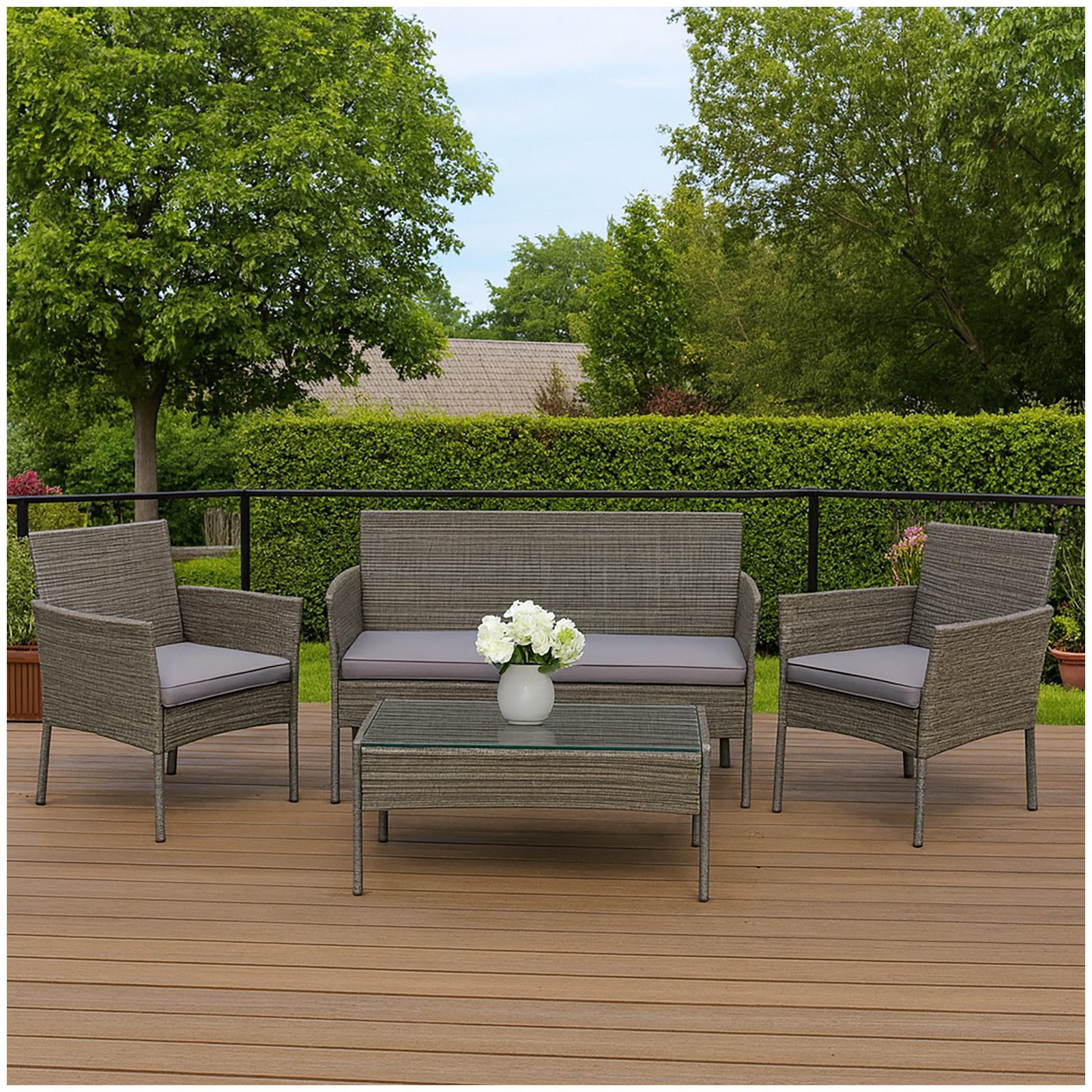 HTI-Living Garten-Essgruppe Outdoor Möbel Grau 4-teiliges Set, (Stück, 4-tlg., 1 Zweisitzer, 2 Stühle, 1 Tisch), Sitzgruppe Terrassenmöbel