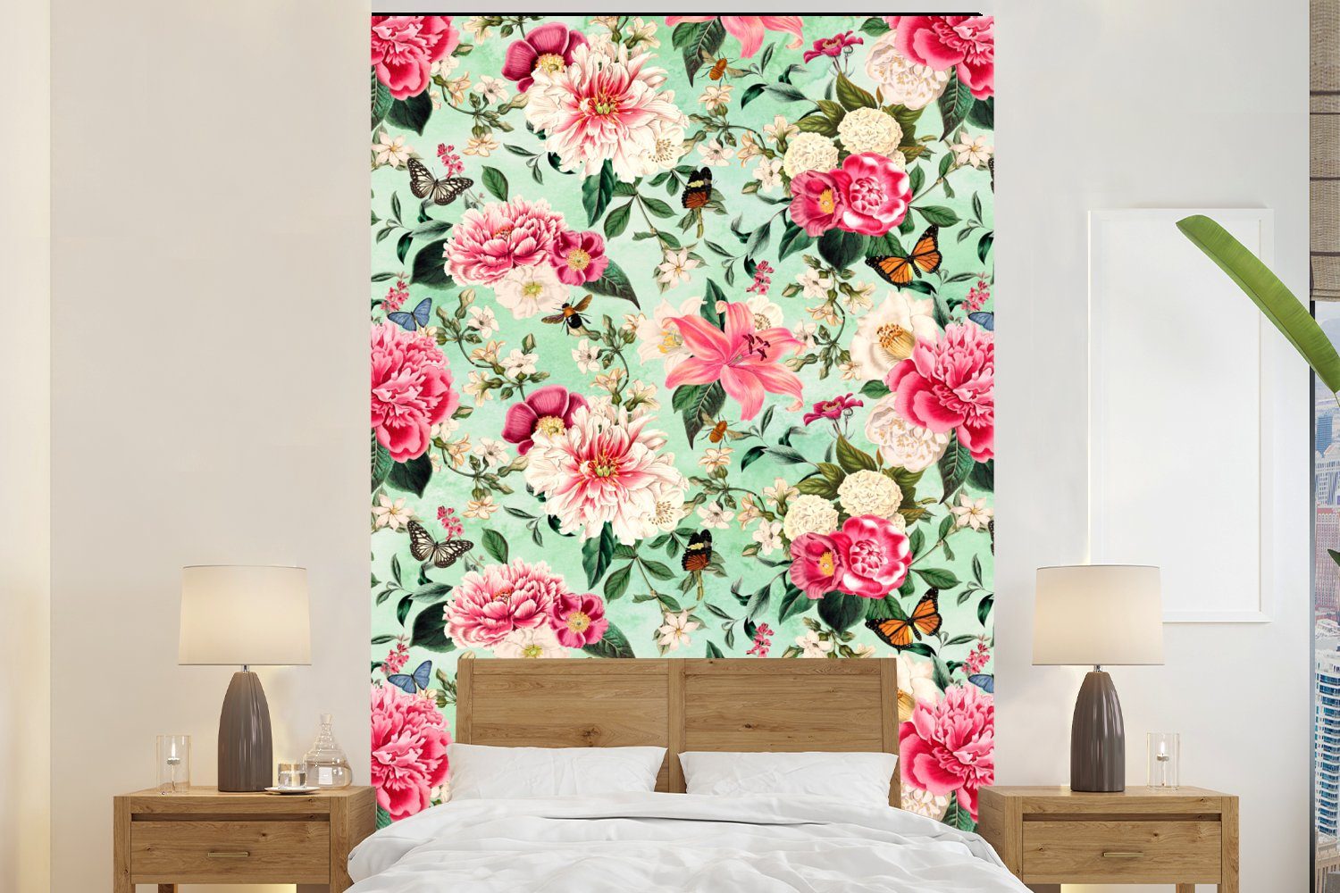 MuchoWow Fototapete Blumen - Rosa - Schmetterling, Matt, bedruckt, (3 St), Montagefertig Vinyl Tapete für Wohnzimmer, Wandtapete
