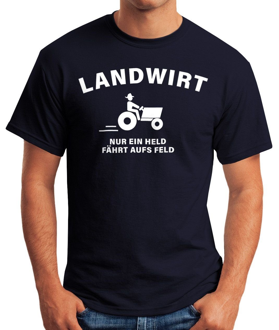 fährt Herren Print-Shirt Print aufs mit ein MoonWorks Moonworks® Landwirt held navy nur T-Shirt Feld