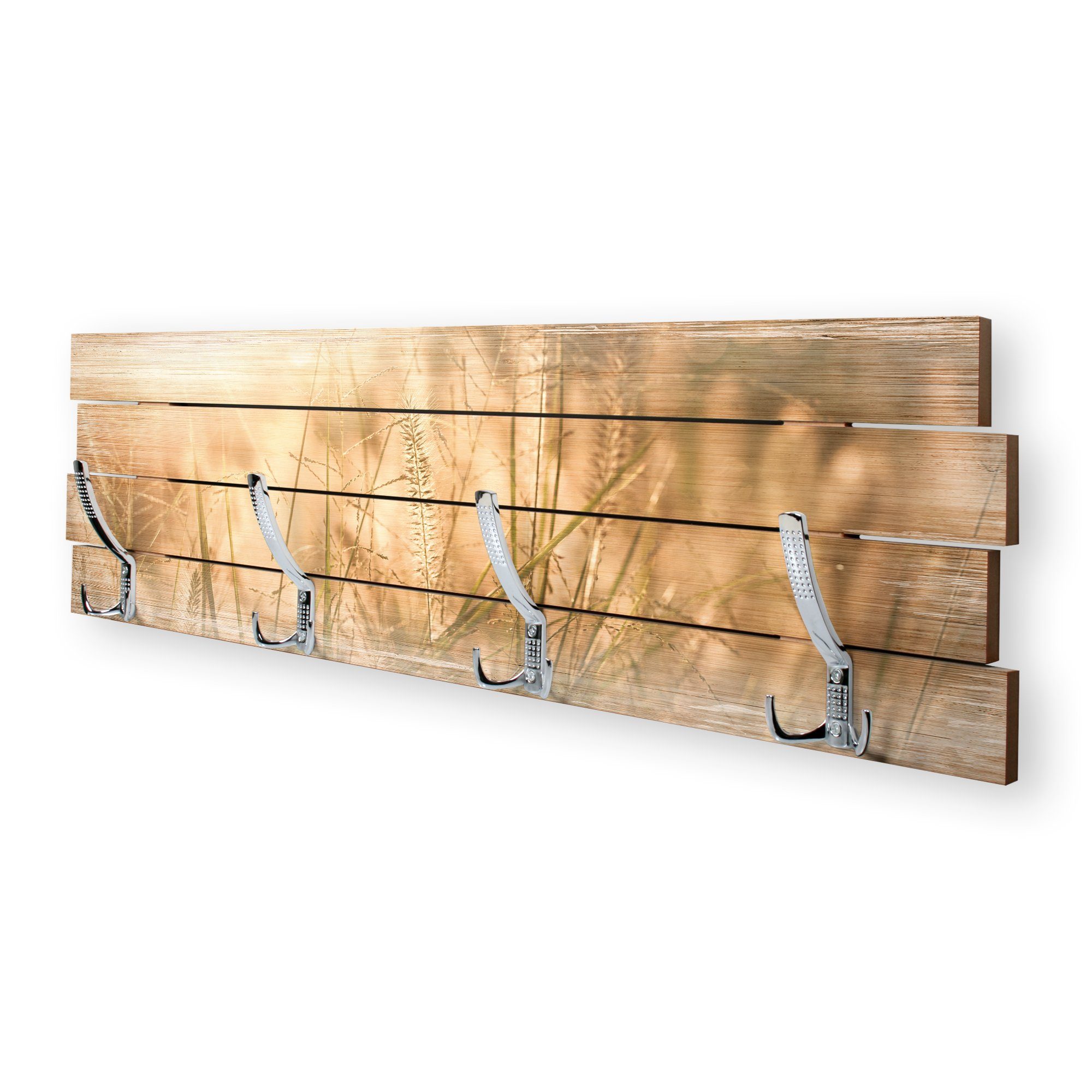 Kreative Feder Wandgarderobe Wandgarderobe "Wiese" aus Holz, im Shabby-Chic- Design farbig bedruckt ca. 30x100cm 4 Doppel-Haken