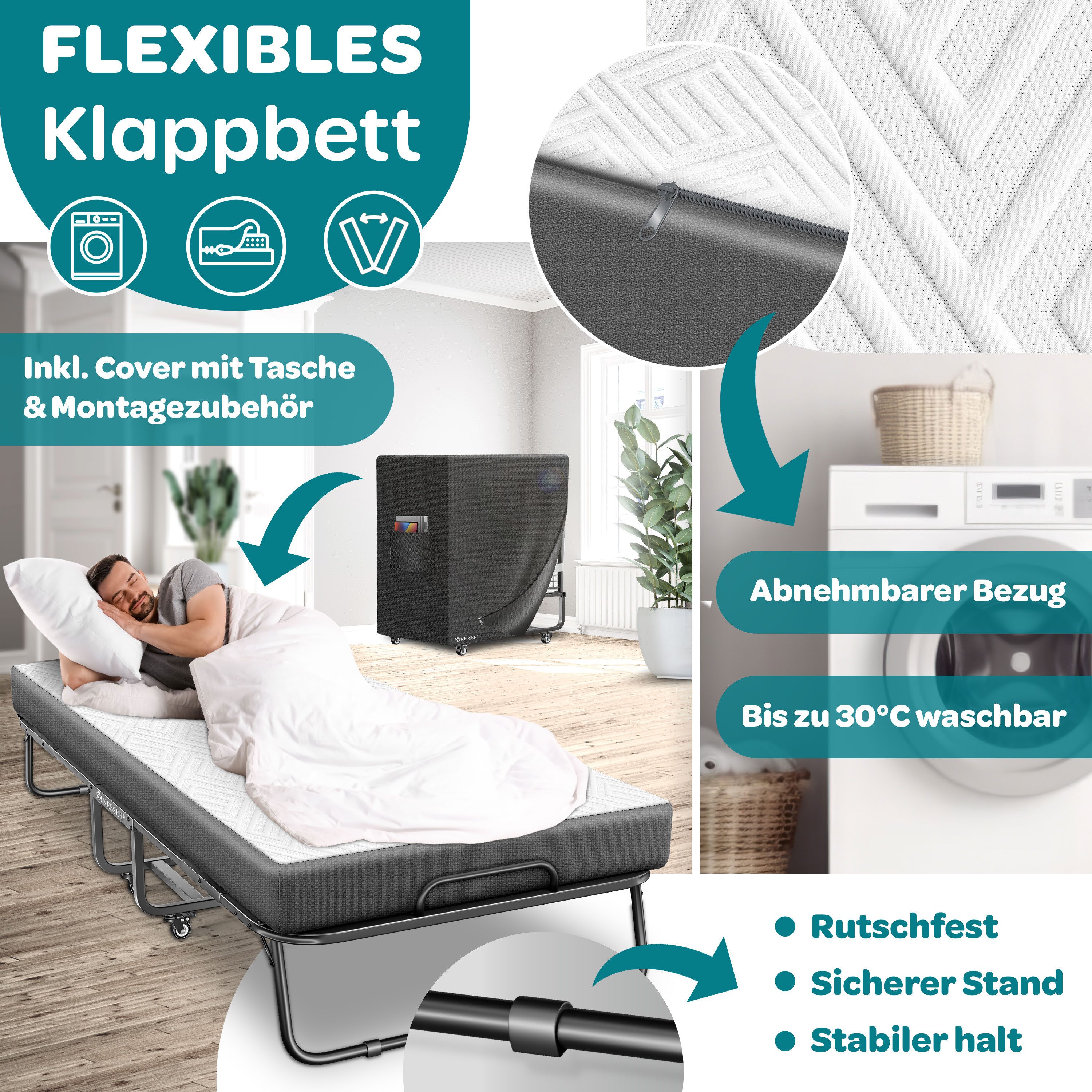 KESSER Gästebett 200x90cm Klappbett faltbares Reisebett mit Metallrahmen für Erwachsene (Metall Bett inkl. Matratze aus Memory-Schaum, Räder & Schutzhülle) Mobiles Bett belastbar bis 250kg mit abnehmbarem Bezug