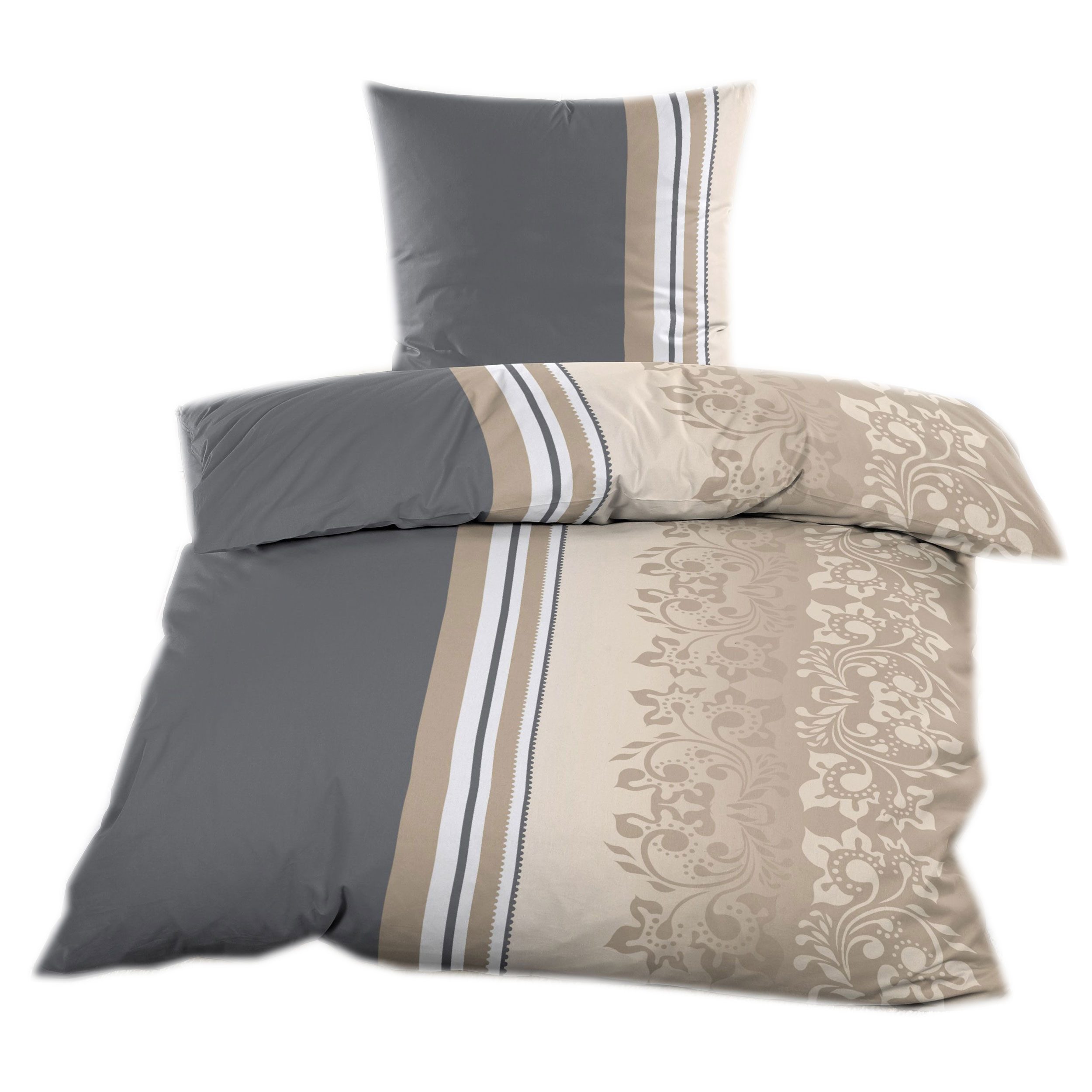 Casa Colori Bettwäsche Biber 135x200 cm mit Reißverschluss 100% Baumwolle, Biber, 2 teilig, Anthrazit Taupe mit Ornamente