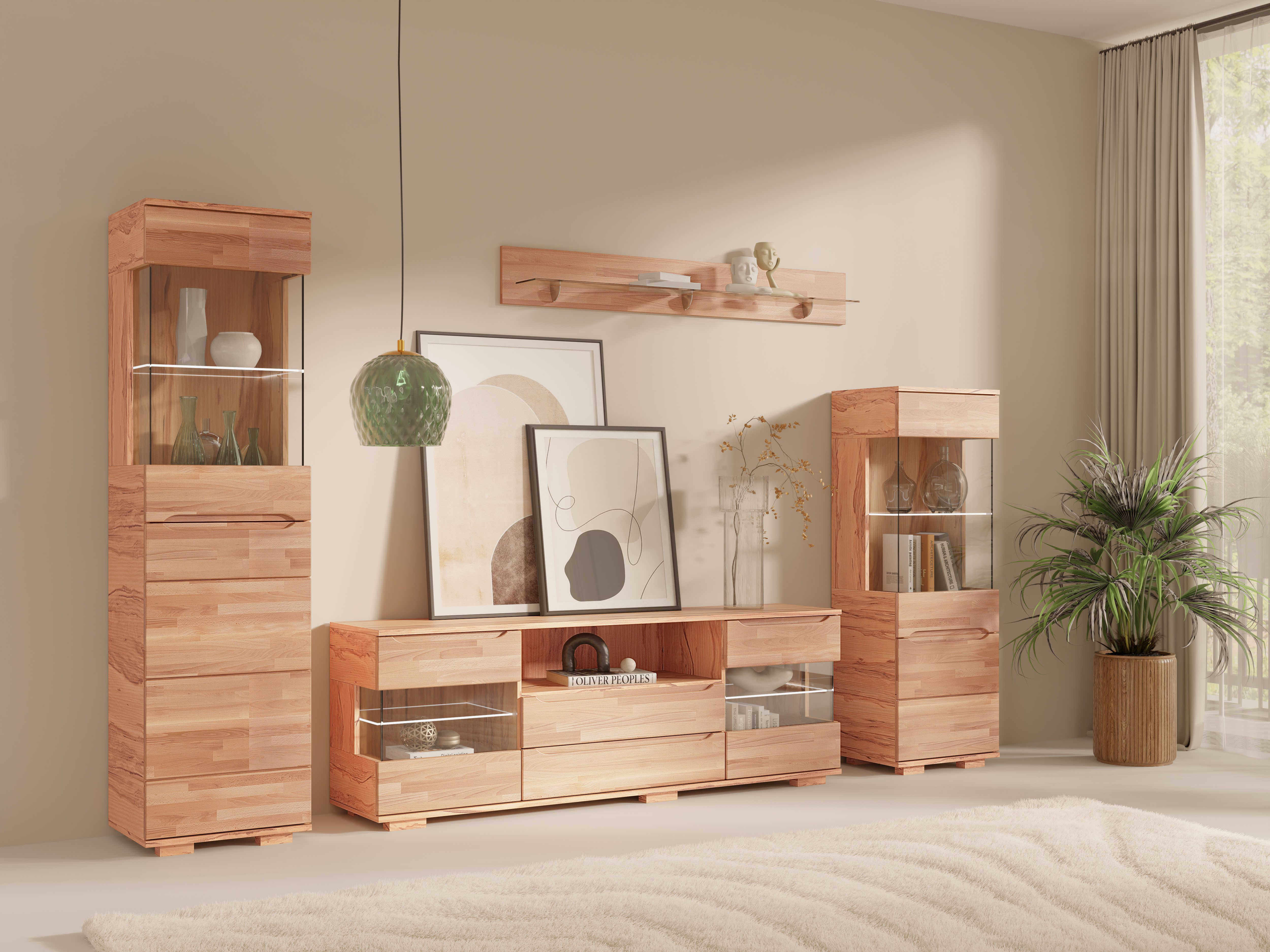 OTTO home Wohnwand VETRO: besteht aus 2 Vitrinen, 1 Lowboard & 1 Wandregal, Wohnzimmer., (4-St), Breite:280cm,Türen aus Massivholz mit Glaseinsätzen,Korpus aus Melamin