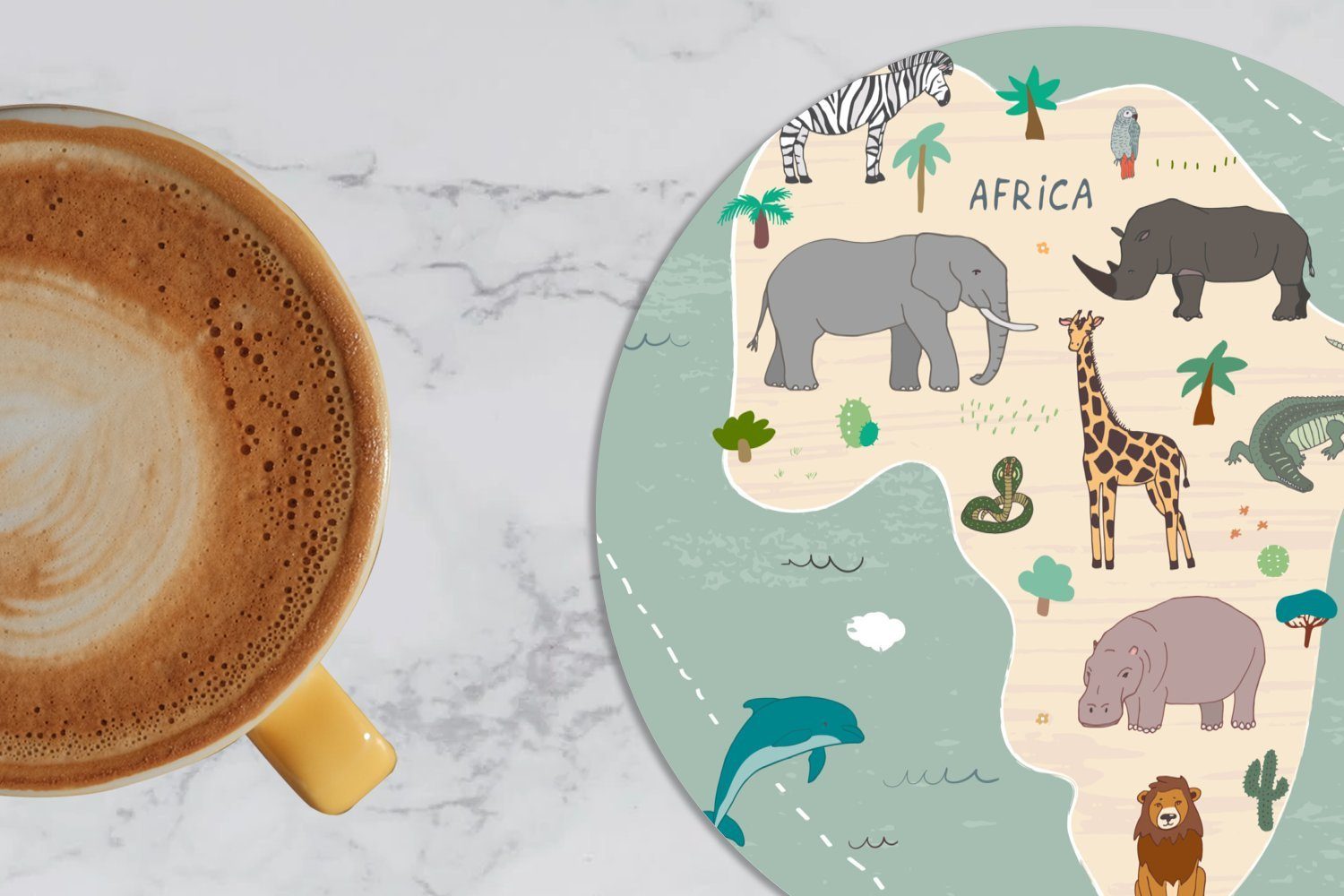 Weltkarte Tiere - Tasse, Kinder, für - MuchoWow Blau - Getränkeuntersetzer, - Gläser, Tassenuntersetzer, Afrika Korkuntersetzer, Kinder Glasuntersetzer Zubehör Jungen 6-tlg., Becher - -