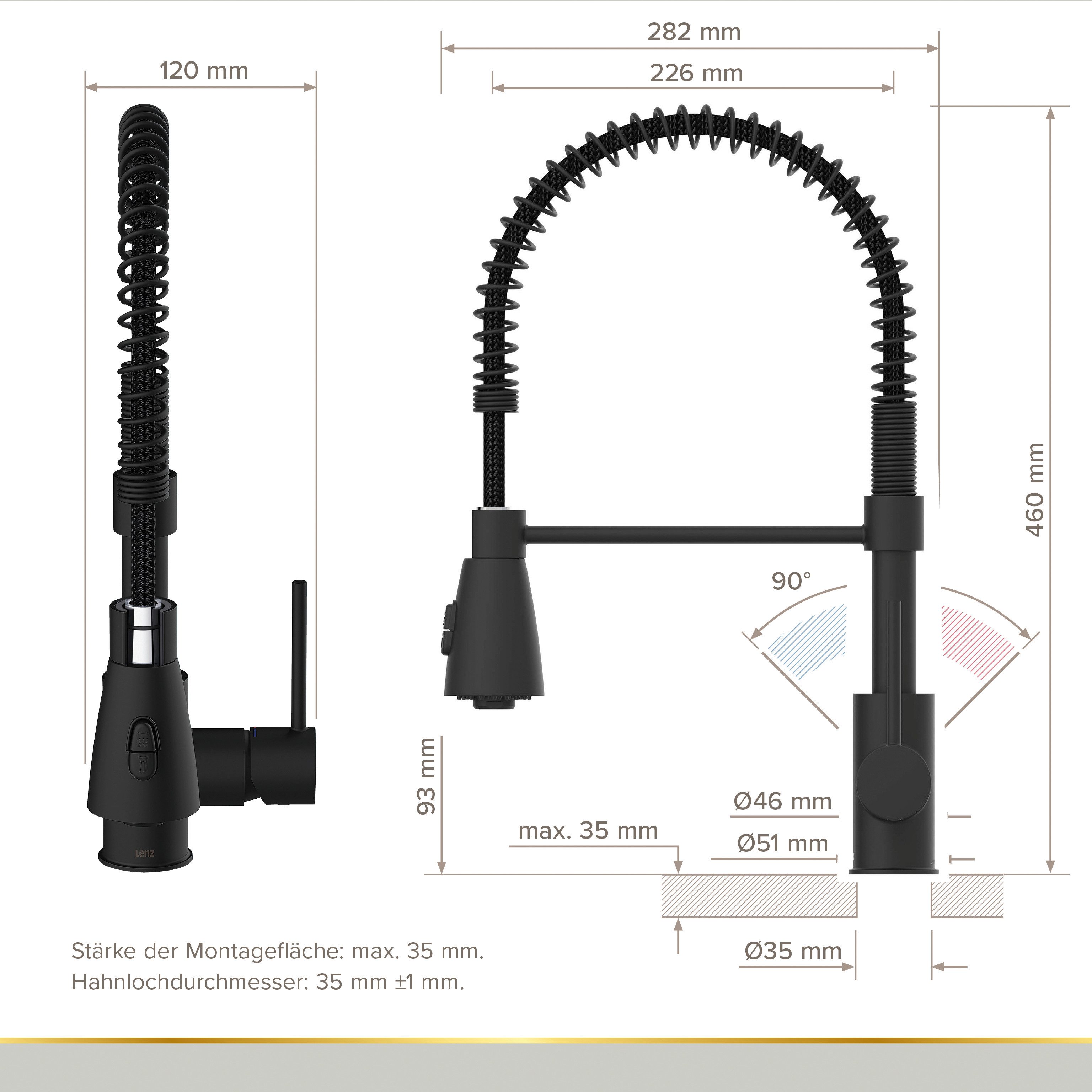 Lenz Küchenarmatur KALANI² flexible Geschirrbrause, 2 Strahlarten, 306° schwenkbar Nickelfrei – Bild 5 von 5