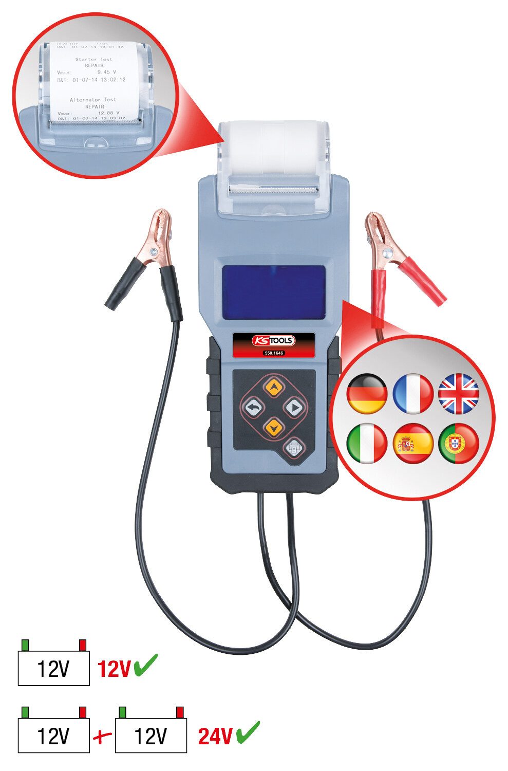 KS Tools Batterietester, 12V Digital-Batterie- und Ladesystemtester mit integriertem Drucker