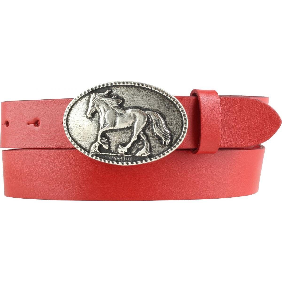 BELTINGER Ledergürtel Gürtel für Reiter mit Pferde-Gürtelschnalle aus Vollrindleder 3 cm - R Rot, Altsilber