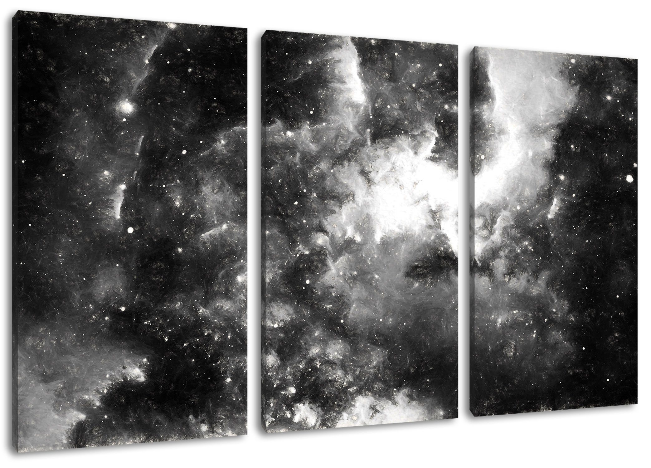 St), 3Teiler Zackenaufhänger inkl. (1 (120x80cm) Pixxprint bespannt, Sterne Sterne, Nebelgalaxie fertig Leinwandbild Nebelgalaxie Leinwandbild und und
