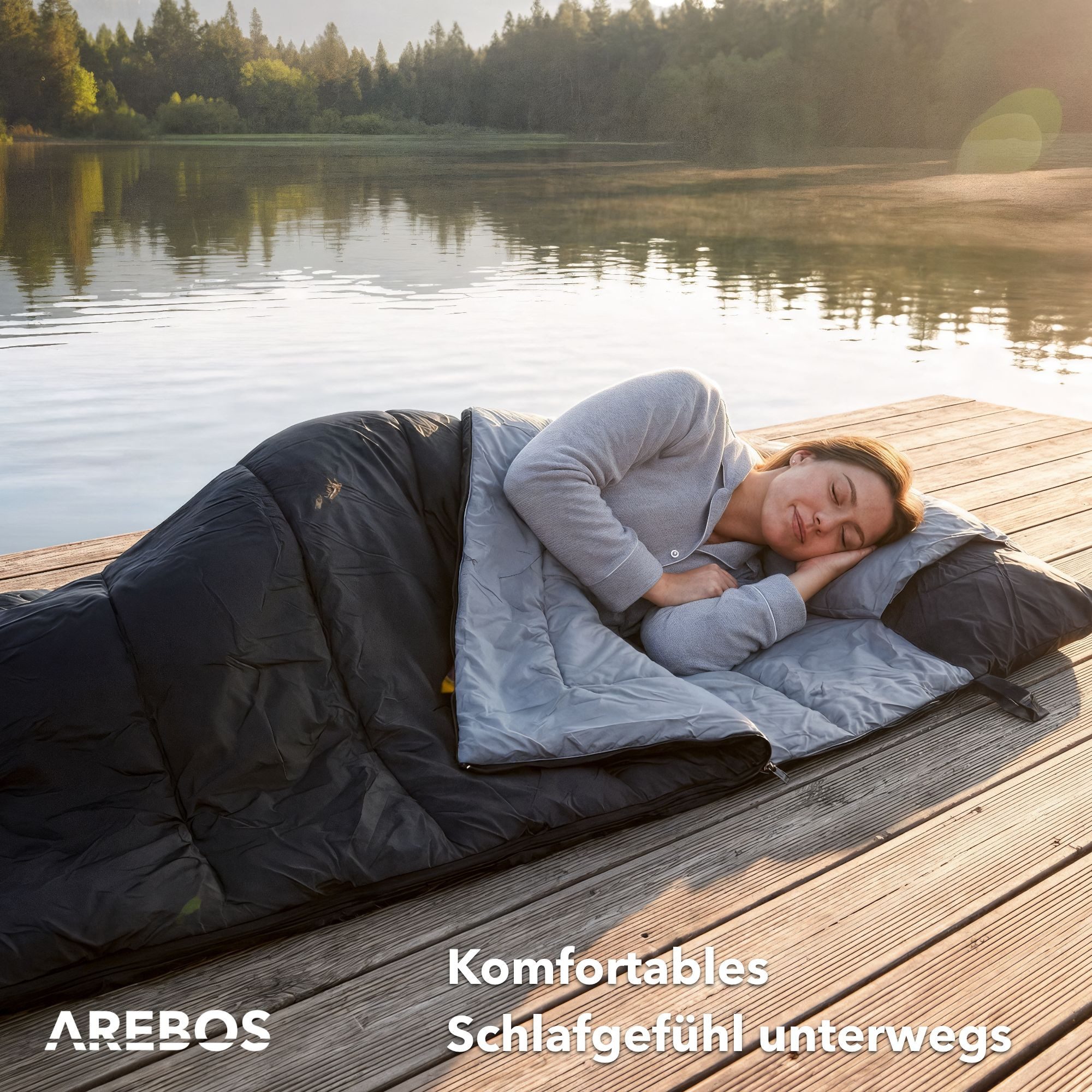 Arebos Deckenschlafsack Schlafsack 220x83 cm mit Kissen & Decke 0-25°C Schwarz (Schlafsack mit Kissen und Decke), Integriertes Kissen, herausnehmbare Fleecedeck – Bild 5 von 5