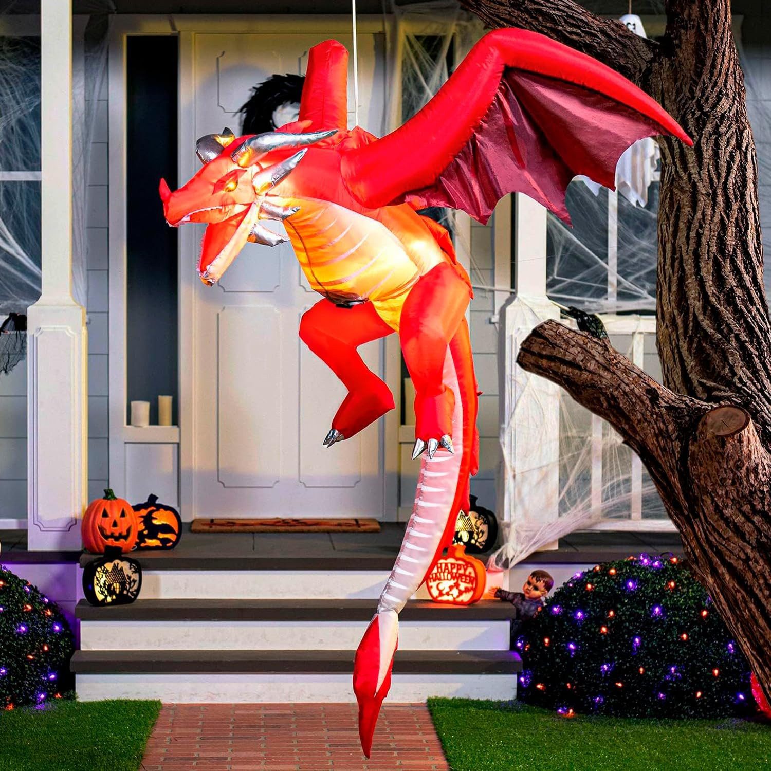 Joiedomi Aufblasbares Partyzubehör Joiedomi Aufblasbarer Halloween Drache mit Feuer LED Deko