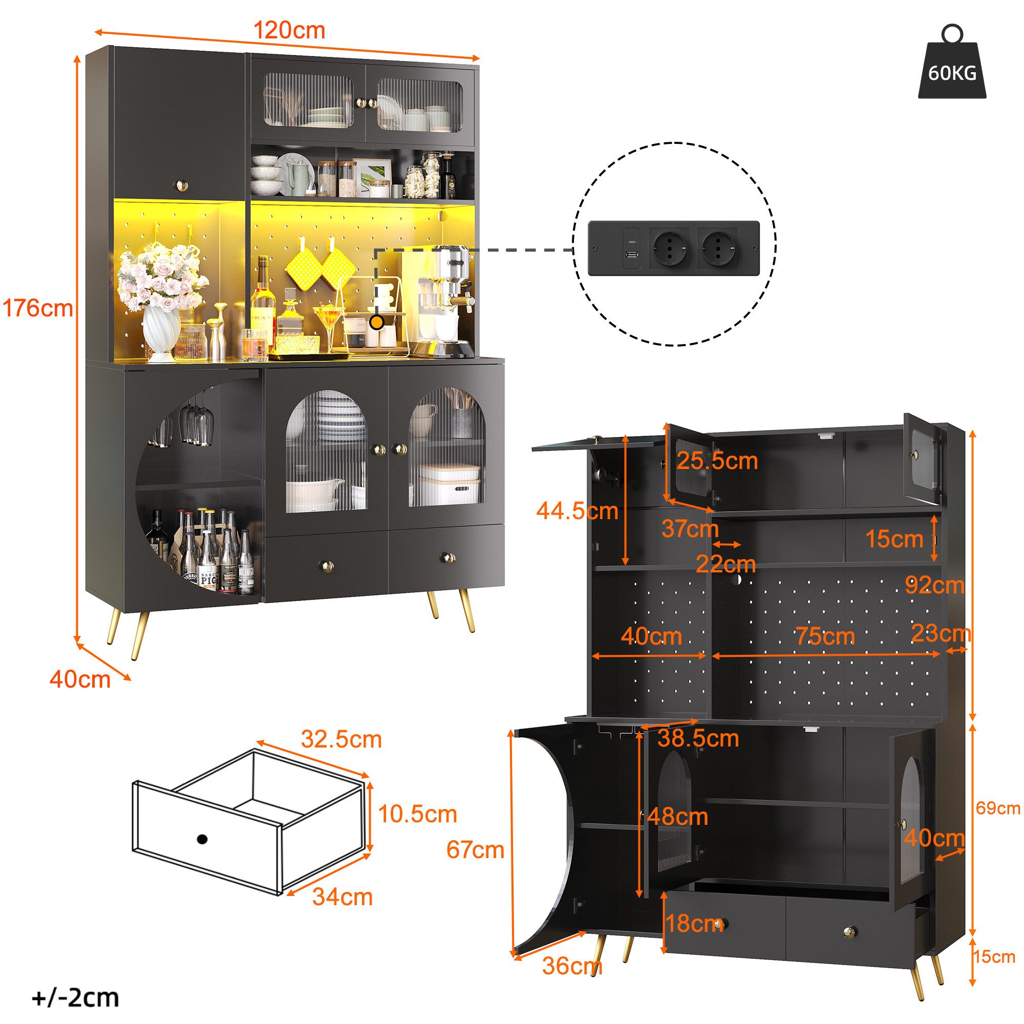 Celya Hochschrank mit LED-Beleuchtung, USB-Anschlüssen und Steckdosen (120×40×176cm, mit Lochwand und Schublade) für Küche, Esszimmer oder Wohnzimmer