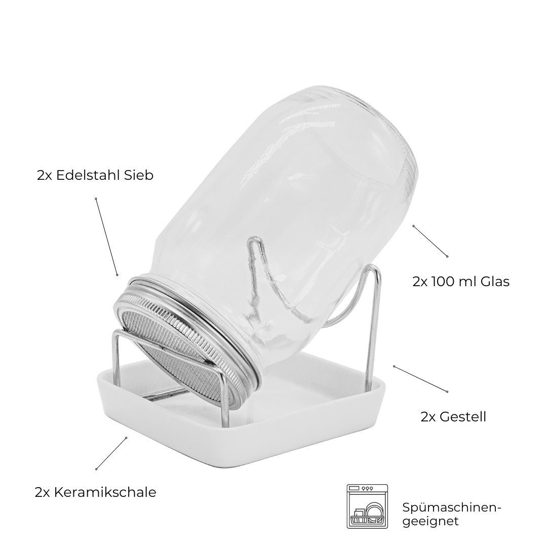Hellosprout Anzuchttopf Sprossenglas, Keimglas Set, Sprossengläser 2 x 1000 ml (Sprossen Anzuchtset, Keimglas für Sprossen), Extragroße Öffnung und rostfreier Edelstahlsieb