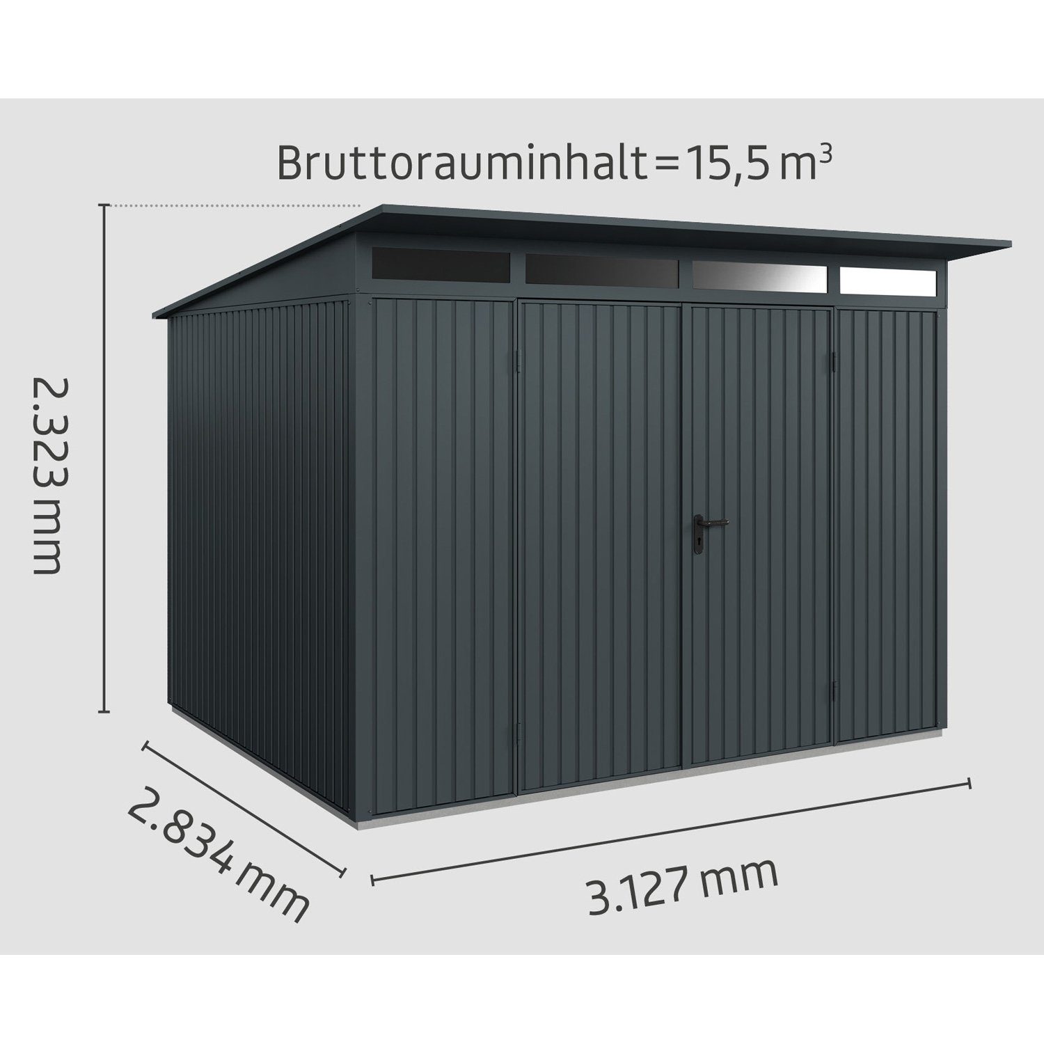 Hörmann Ecostar Gerätehaus 2-flüglige Typ anthrazitgrau Metall-Gerätehaus Tür mit Pultdach Trend 3