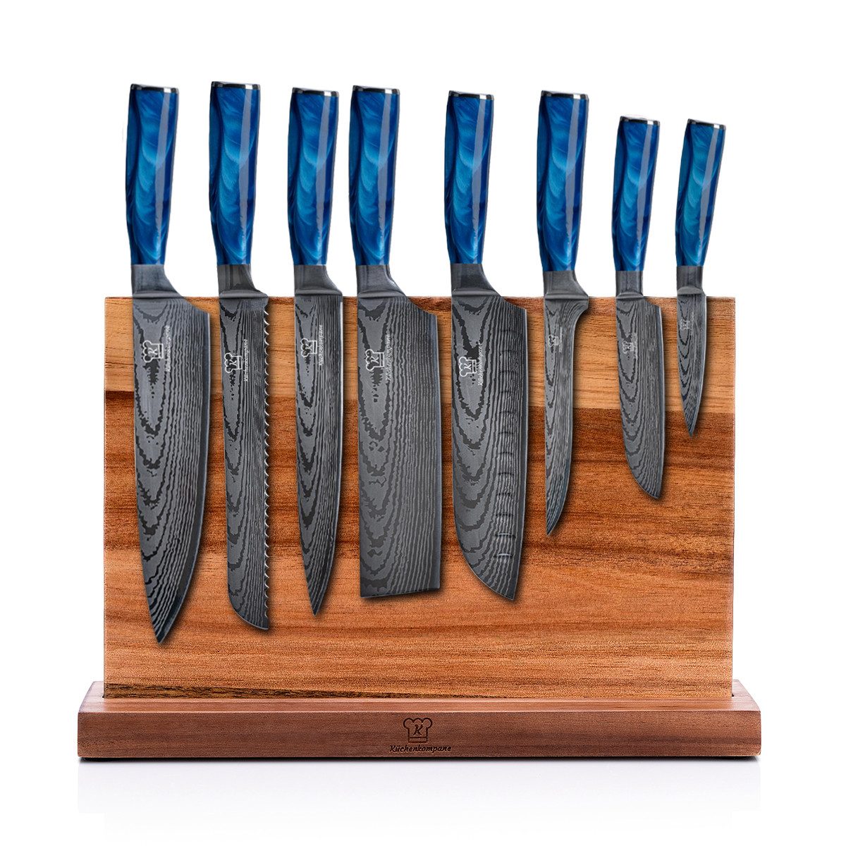 Küchenkompane Messer-Set 9-tlg. Profi-Messerset inkl. Magnet-Messerblock Burokku (9-tlg), 8 Messer Magnet-block, ergonomische blaue Epoxidharz-Griffe, Akazie