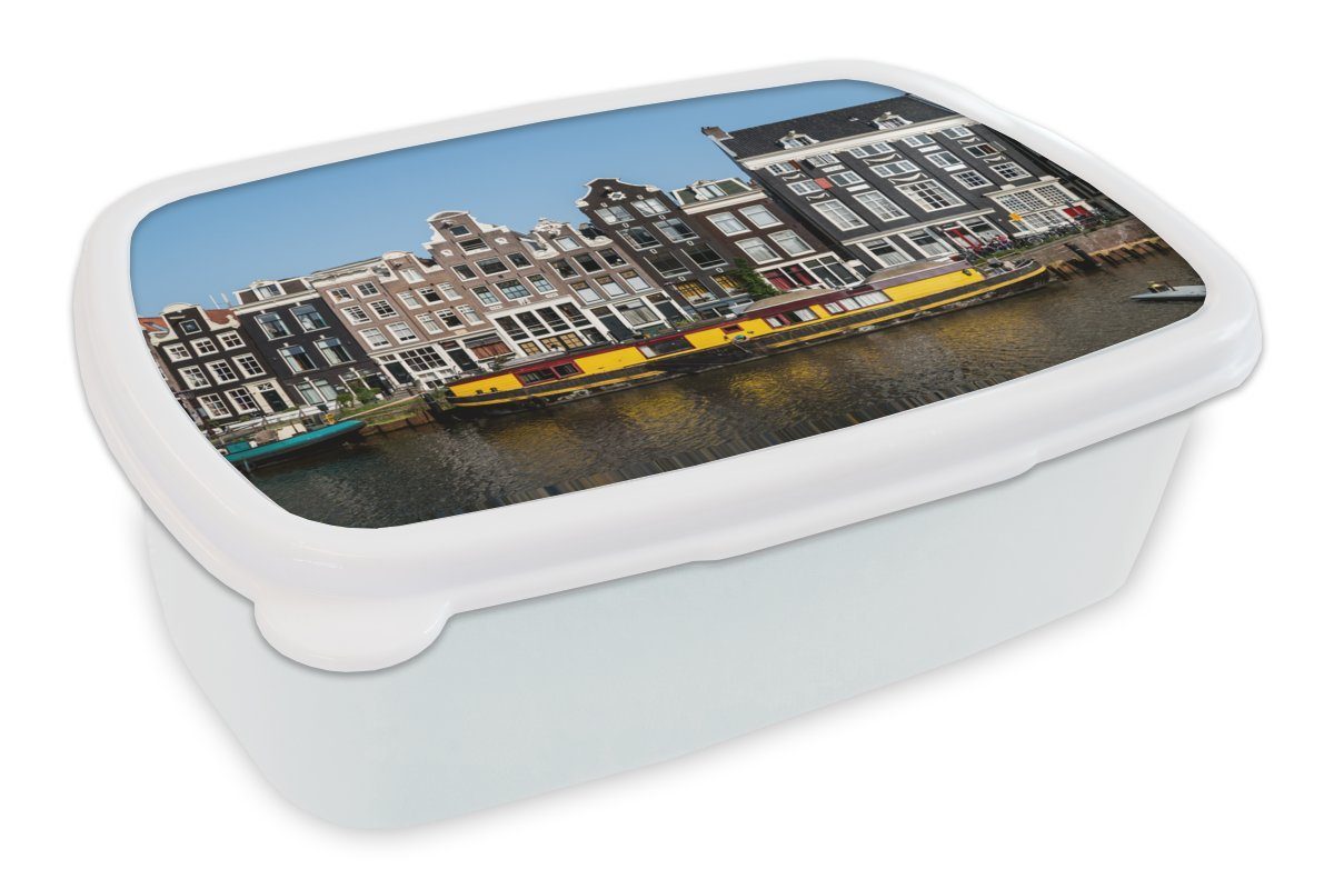 MuchoWow Lunchbox Ein gelbes Hausboot in der Gracht von Amsterdam, Kunststoff, (2-tlg), Brotbox für Kinder und Erwachsene, Brotdose, für Jungs und Mädchen weiß