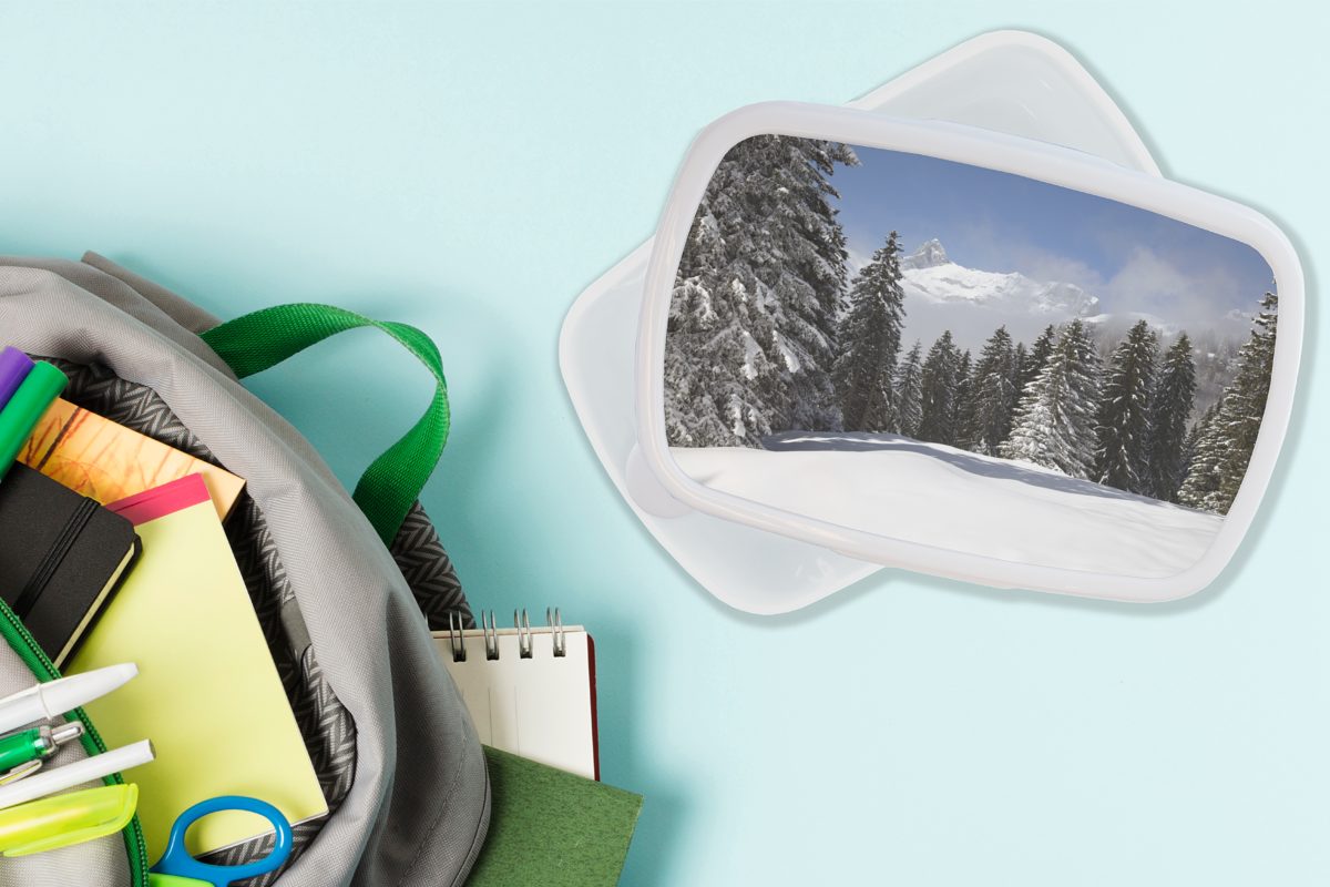 MuchoWow schaffen Kinder für Kunststoff, Die Lunchbox weiß und Bergen eine den Bäume schneebedeckten Brotbox (2-tlg), in Jungs Mädchen und weihnachtliche, Erwachsene, für Brotdose,
