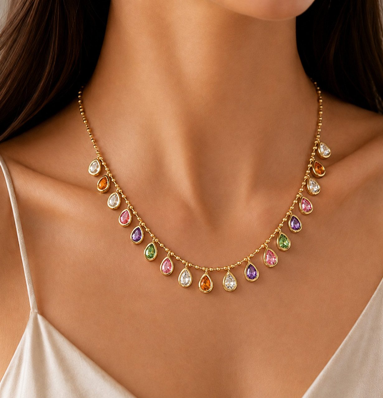 RAIKOU Collier Goldfarben mit bunten Zirkonia Tropfen, Elegante Choker Kette, oxidationshemmenden Schmuckbox