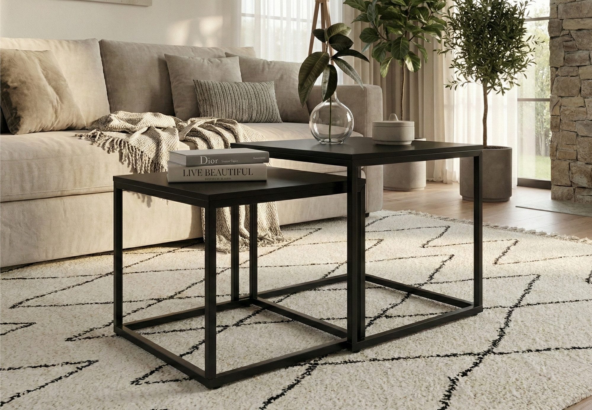 Home Collective Couchtisch Kleiner 2er Set aus Holz, Wohnzimmertisch Modern (Beistelltisch Set 2 in 1 mit Metallgestell, Büro Beistelltisch Loft Design TWIN, kratzfeste Oberfläche, Set 2 in 1), Quadratisch in Schwarz, für Wohnzimmer