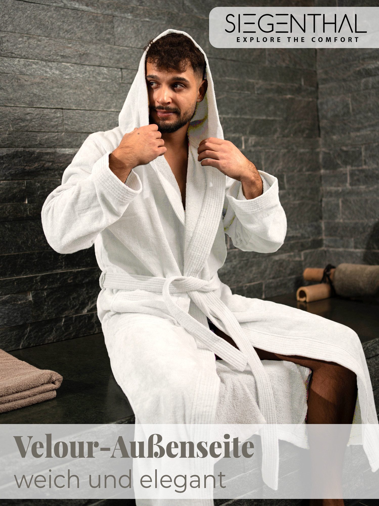 SIEGENTHAL Herrenbademantel 100% Baumwolle Frottee Velours mit Kapuze Wadenlang Wellness und Spa, Kapuze, Bindegürtel, Wadenlang, 2x Taschen, 100% Baumwolle, we – Bild 5 von 5