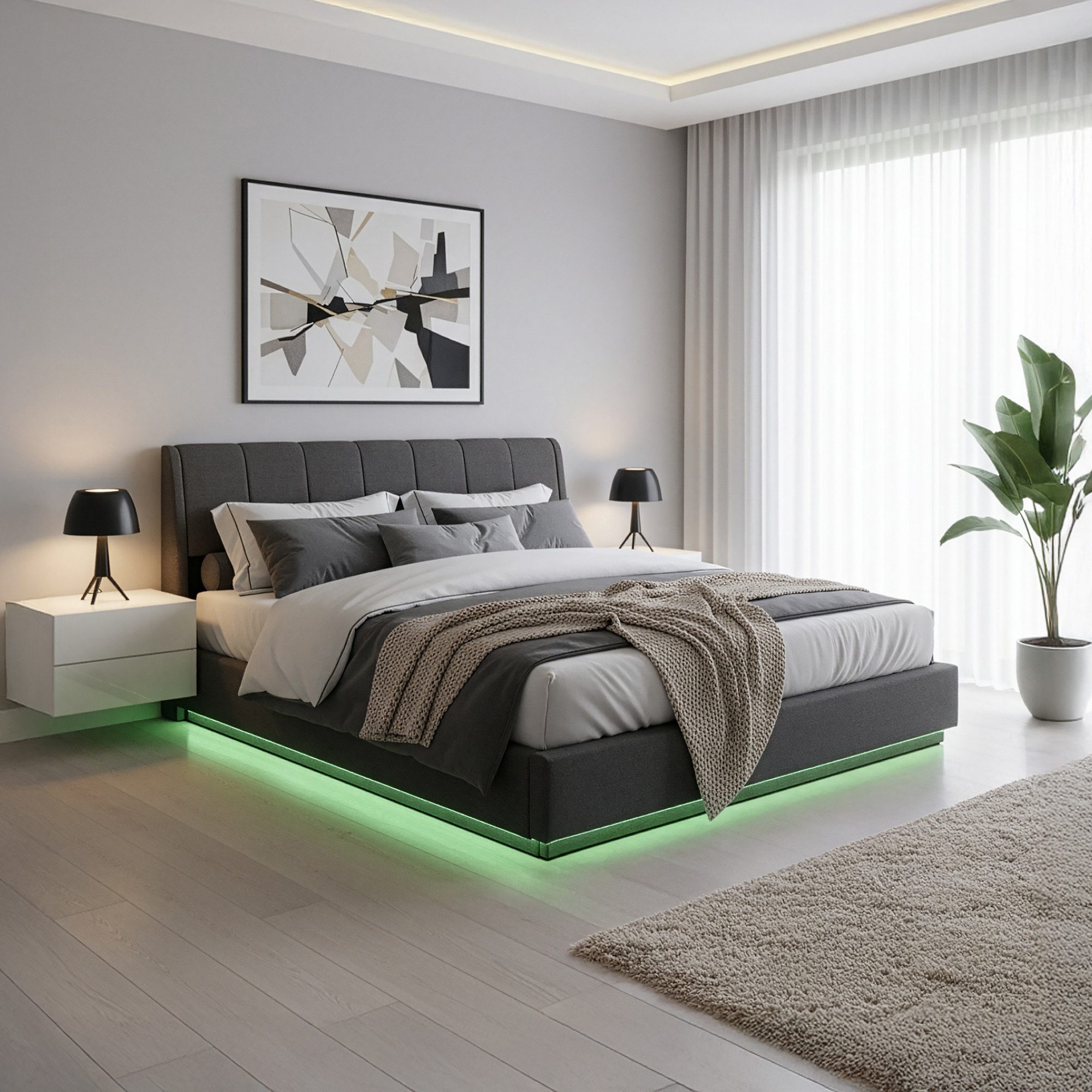 en.casa Polsterbett, »Tröstiar« mit LED-Beleuchtung Bettkasten Leinen 180 x 200 cm Schwarz