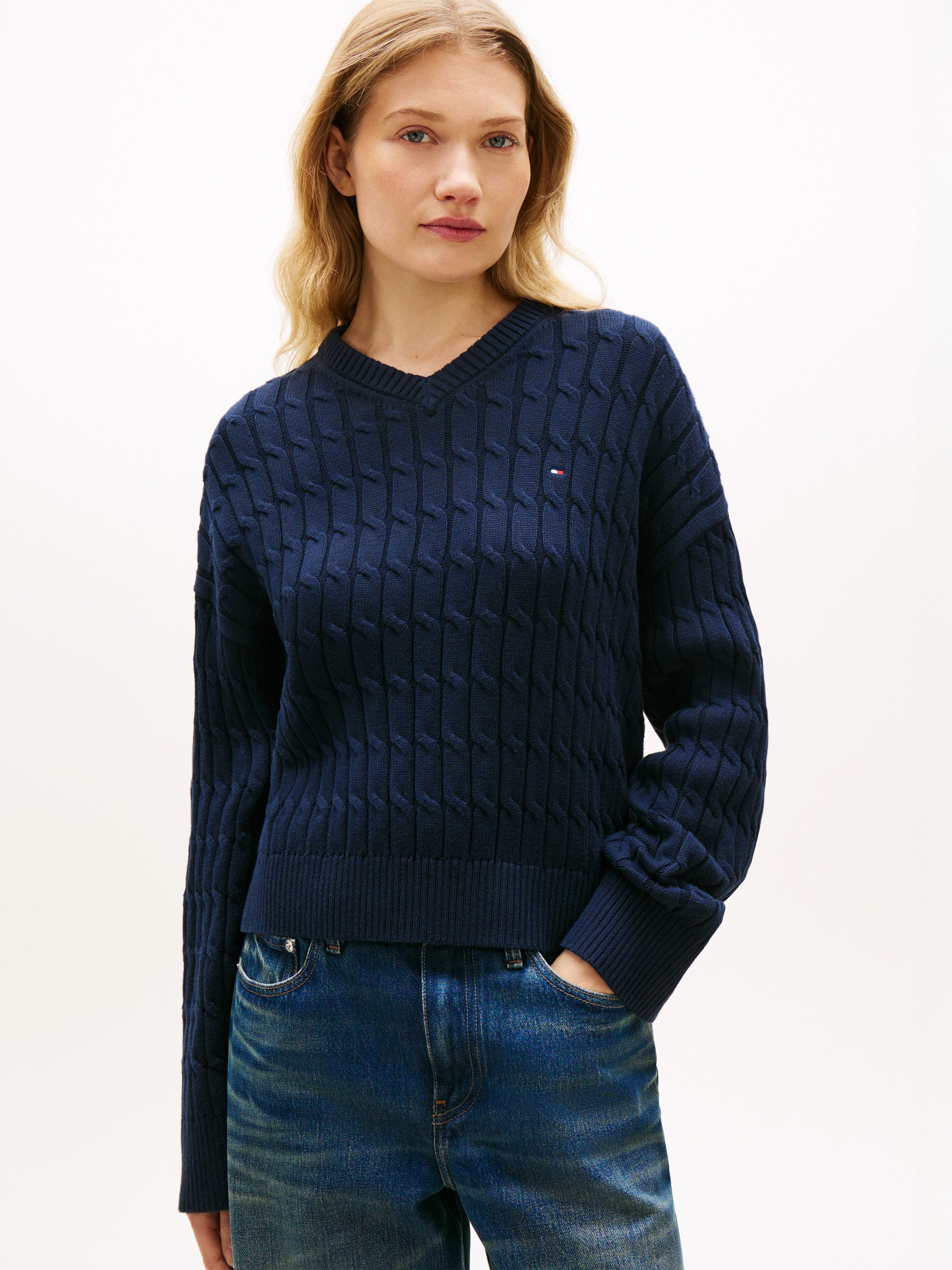 Tommy Hilfiger Strickpullover CO CABLE MID GG RLX LS V-NK SWT mit Zopfmuste günstig online kaufen