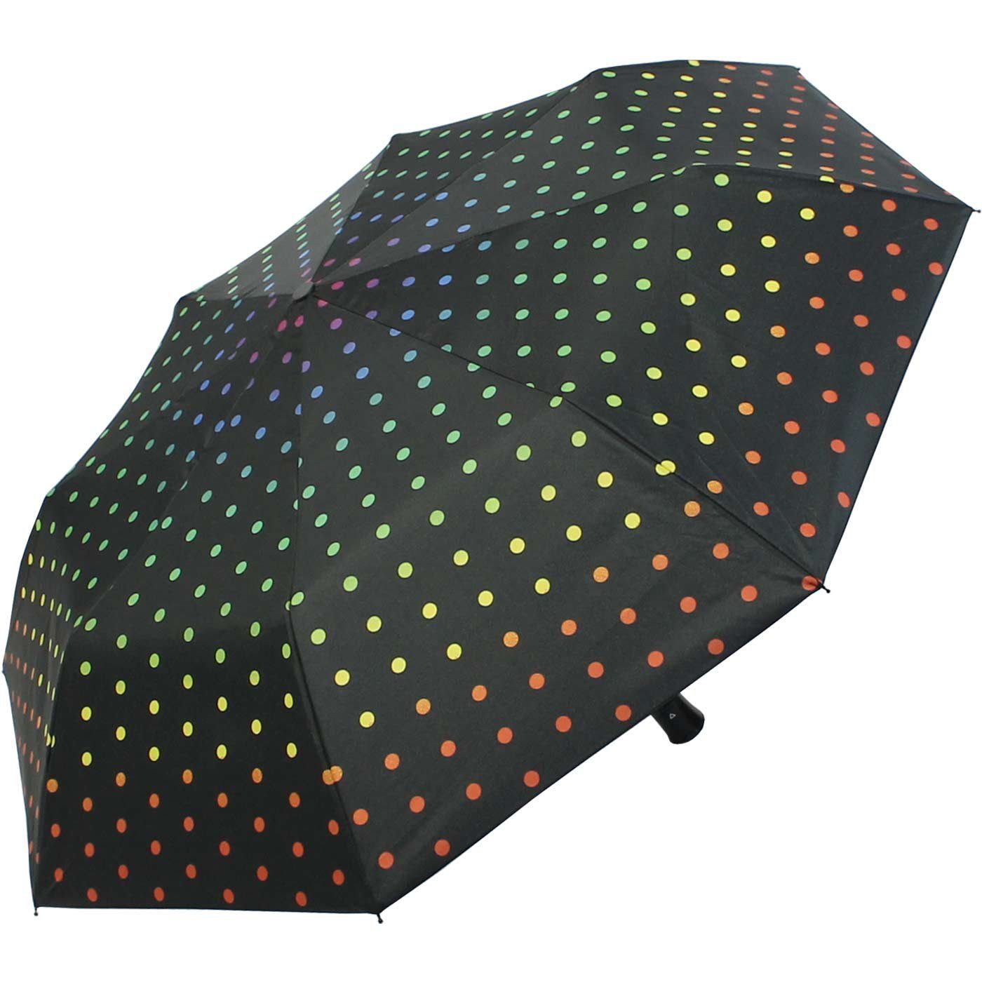 Taschenregenschirm Auf-Automatik für mit Schwarz Regenschirm mit Punkten Damen, RAIN Regenbogen-farbenen HAPPY schöner auf