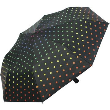 HAPPY RAIN Taschenregenschirm schöner Regenschirm mit Auf-Automatik für Damen, mit Regenbogen-farbenen Punkten auf Schwarz