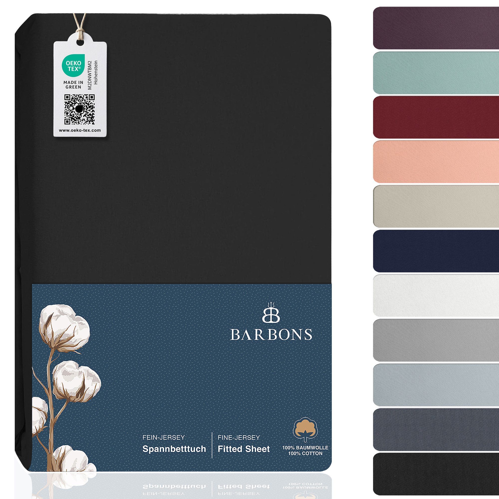BARBONS Spannbettlaken Jersey Bettlaken, 145 g/m² Spannbetttuch, bis zu 25cm Höhe, Topper, Jersey aus 100% Baumwolle, Gummizug: rundum, (1 Stück), Rundumgummi, Atmungsaktiv