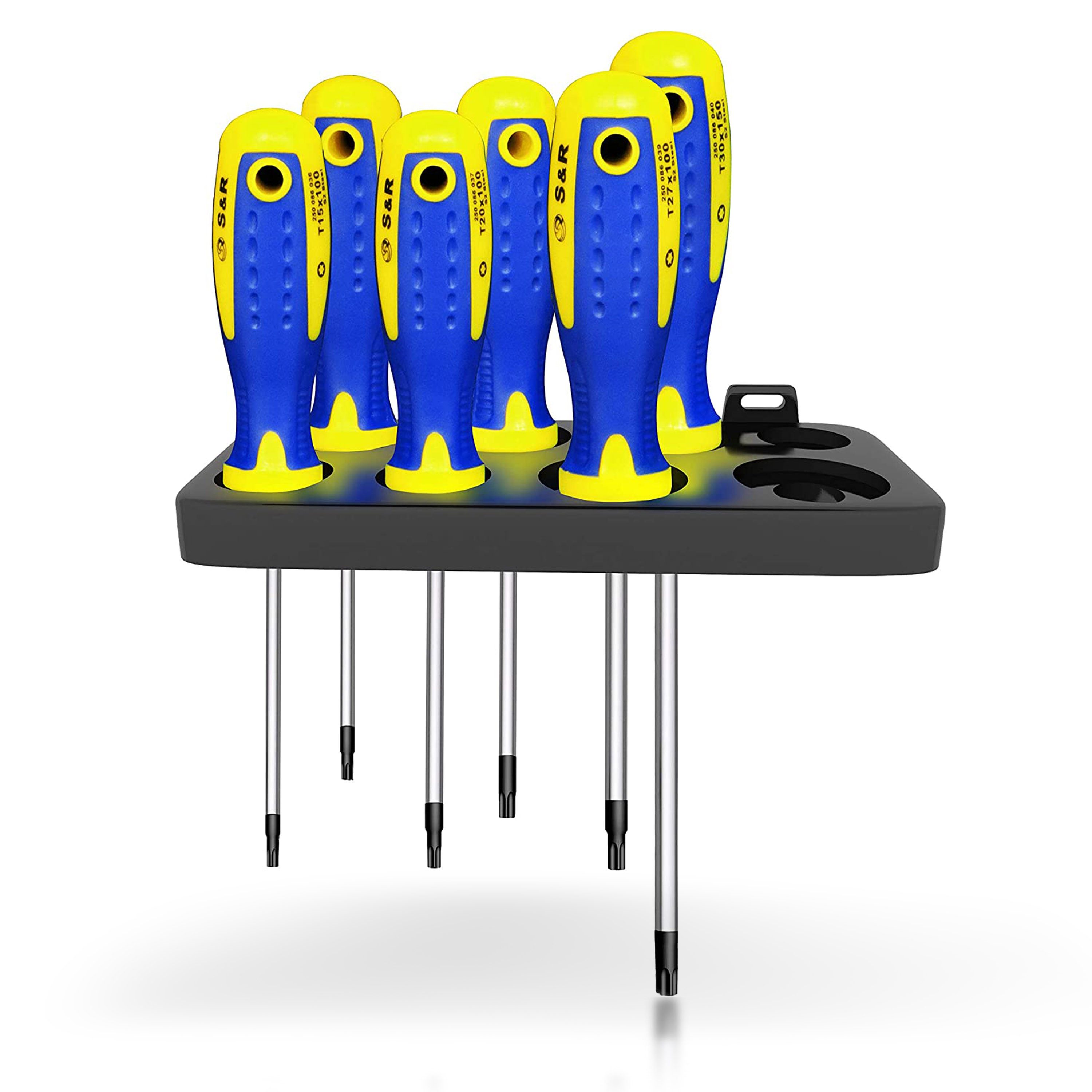 S&R Schraubendreher Set Torx 6-tlg, magnetisch, Power-Form Schraubendrehersatz, (Satz, 6 St., T10 T15 T20 T25 T27 T30, inkl. Wandhalterung), gelochter Ergo-Griff, mit S2 Spezialstahl Klingen