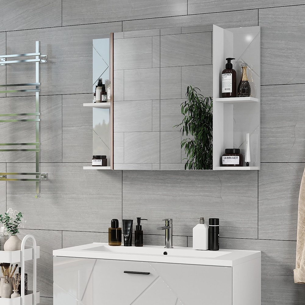 Vicco Badezimmerspiegelschrank Irma, Weiß/Weiß Hochglanz, 100 x 75 cm mit 2 Türen (1-St)