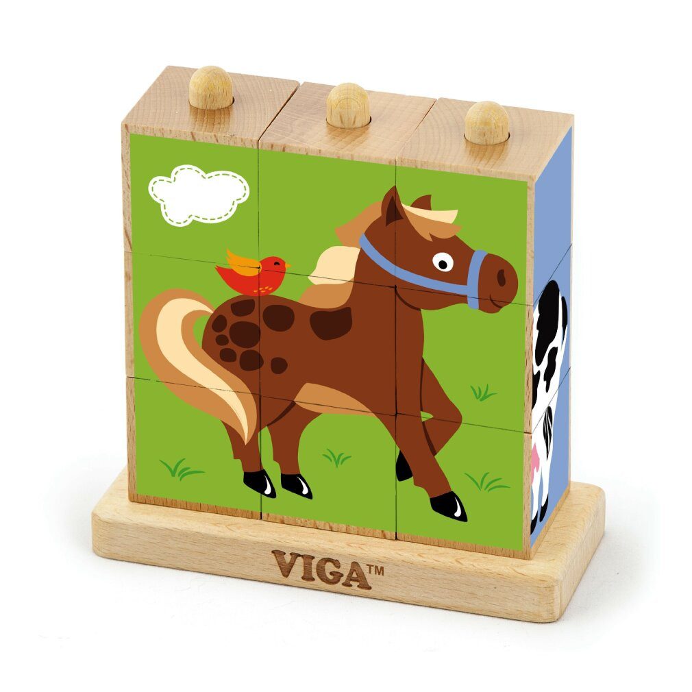 Viga® Holzspielzeug Spiel Viga 50833 9-teiliges Stapelwürfel-Puzzle - Bauernhof-Tiere