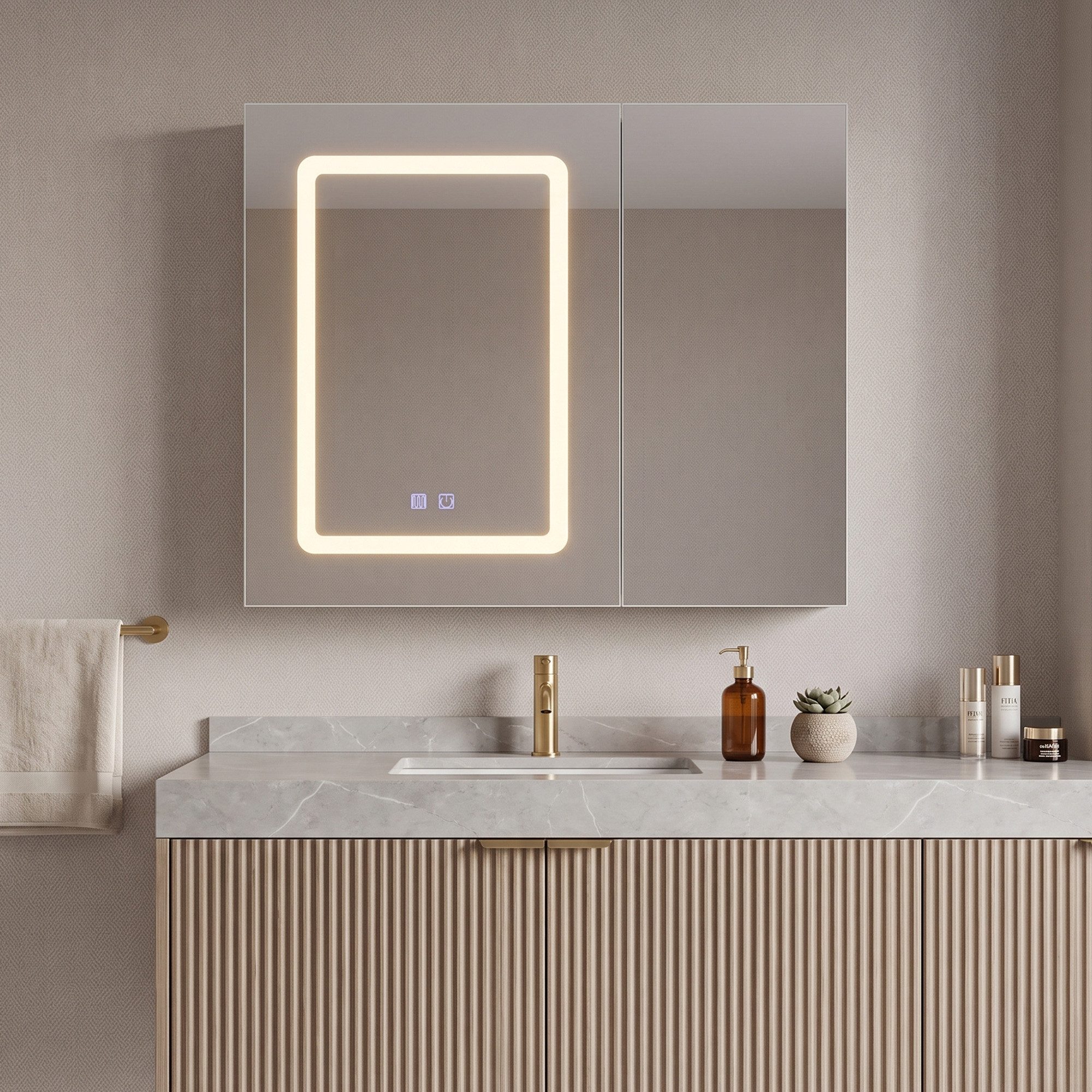Simurq Badezimmerspiegelschrank Spiegelschrank Bad 70cm Mit LED & Anti-Beschlag,Doppelseitiger Spiegel
