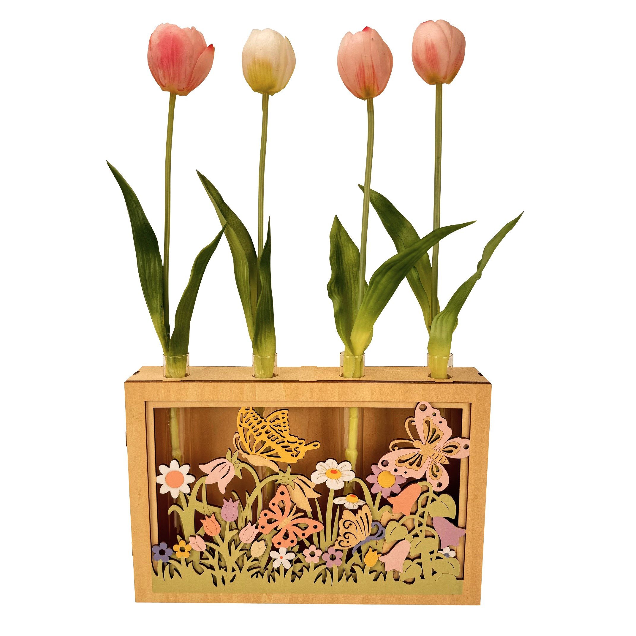 Online-Fuchs Dekovase - Frühlingsdeko mit LED-Beleuchtung und 4 kleinen Vasen (Mit Blumen und Schmetterlingen verziert), inkl. 6-Stunden Timerfunktion