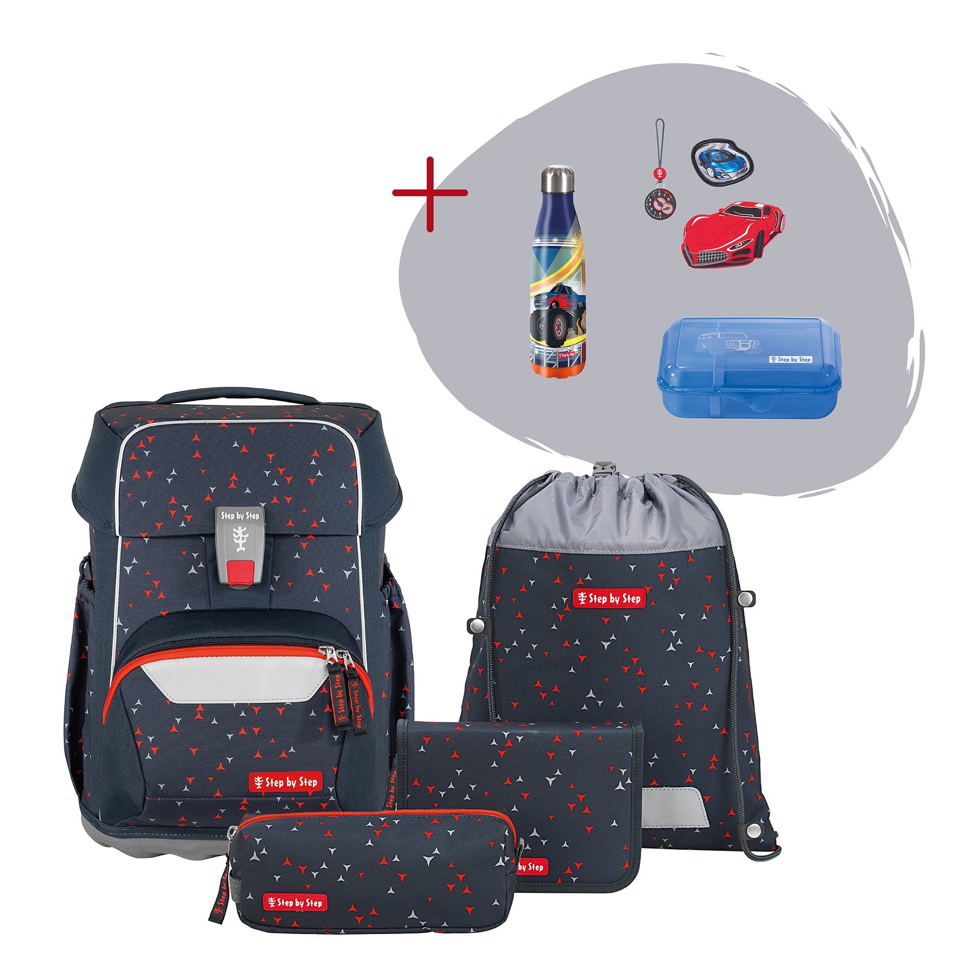 Step by Step Schulranzen BASIS „Anthrazit Triangles“, 7-tlg. (4-teilig, 7-tlg)