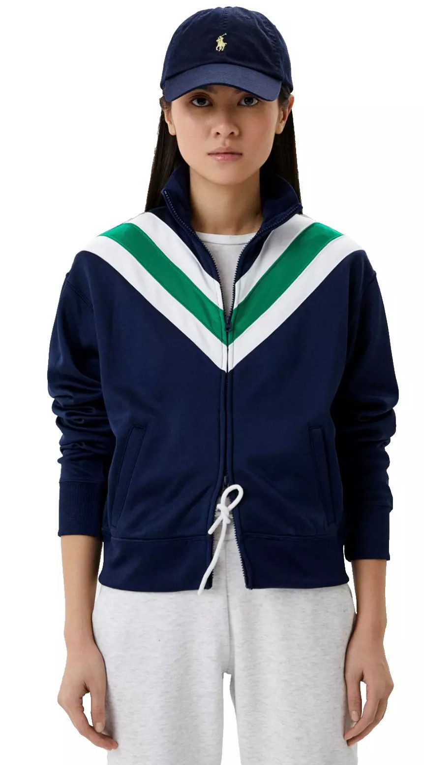Polo Ralph Lauren Sweatjacke Retro Newport Sport Blouson Jacke Frontreißverschluss, Eingrifftaschen, Chevron-Streifen, Flaggenmotiv