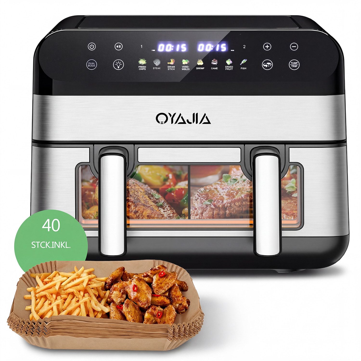 oyajia Heißluftfritteuse Heißluftfritteuse 2 Kammern, 10L Airfryer Doppelkammer Einkammer Verstellbar, 2600W 8 in 1 Heissluftfritteuse Doppelkammer Temperatur Separat Regeln Touchscreen, Doppel Air Fryer XXL Mit Sichtfenster, 2600 W
