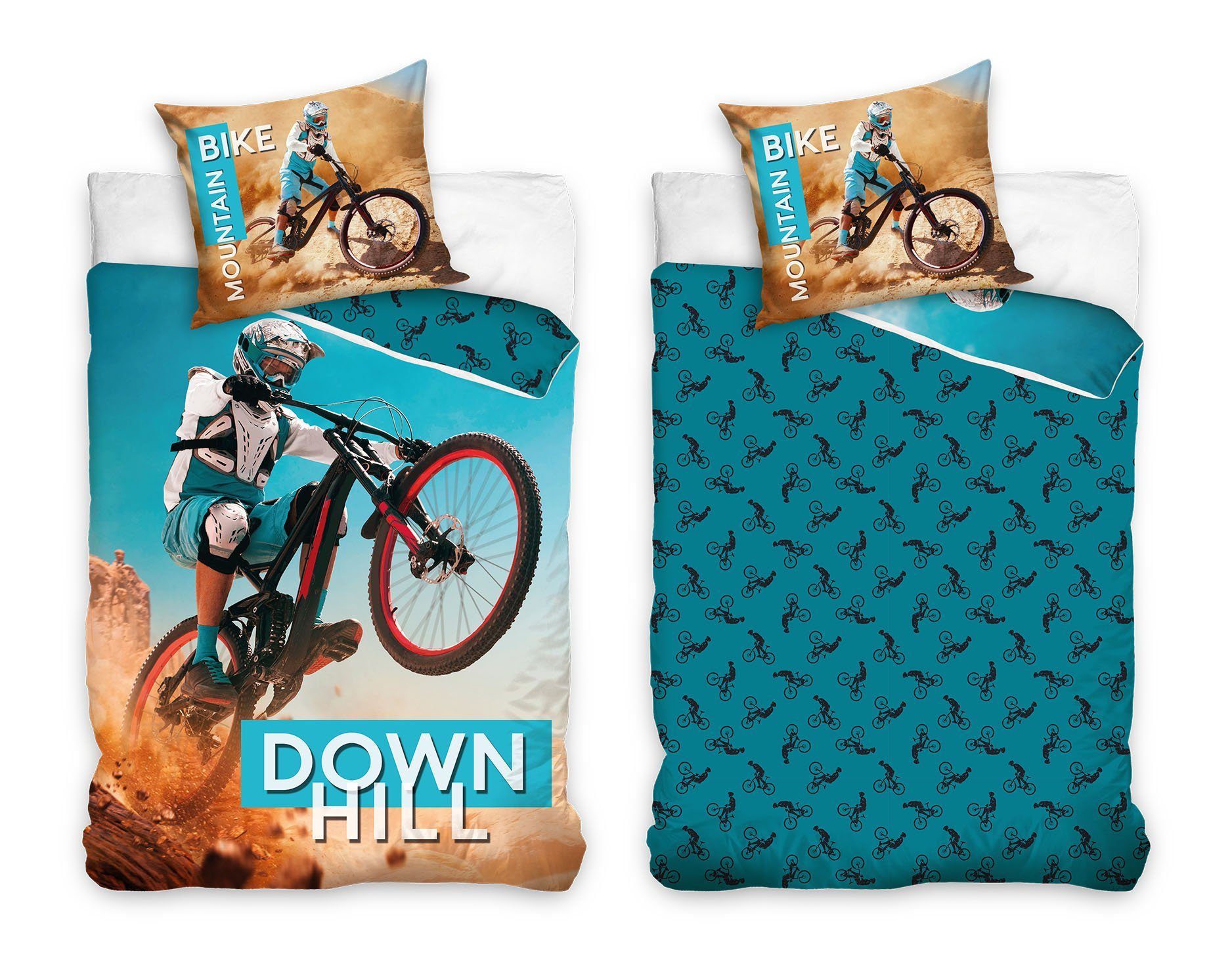 Bettwäsche Mountainbike Fahrrad 135x200 + 80x80 cm, 100 % Baumwolle,  MTOnlinehandel, Renforcé, 2 teilig, Downhill Bettwäsche-Set für Kinder,  Teenager & Erwachsene