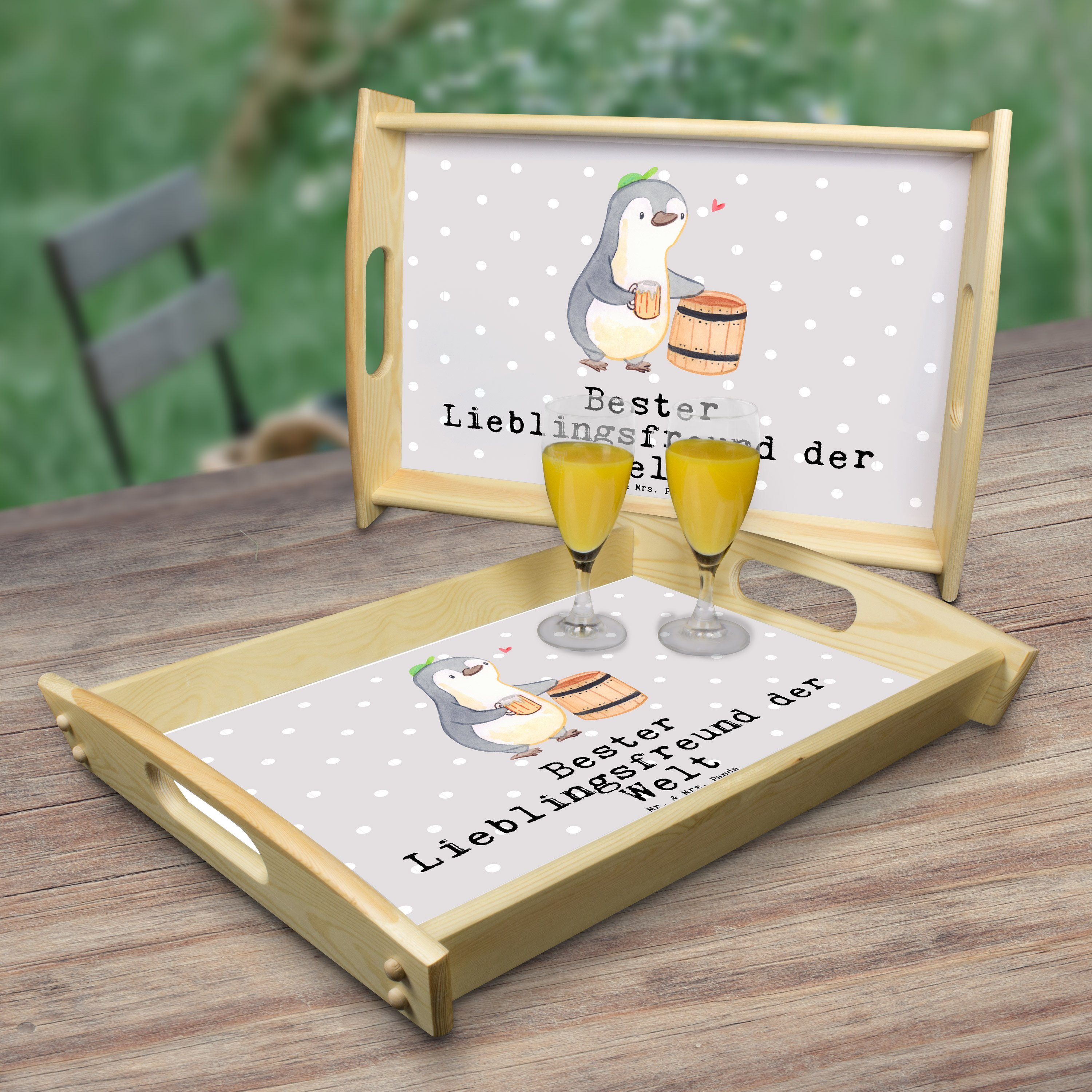 Bester & - Welt lasiert, Pastell Mr. Pinguin Grau (1-tlg) Li, Geschenk, Lieblingsfreund Tablett - der Echtholz Mrs. Panda