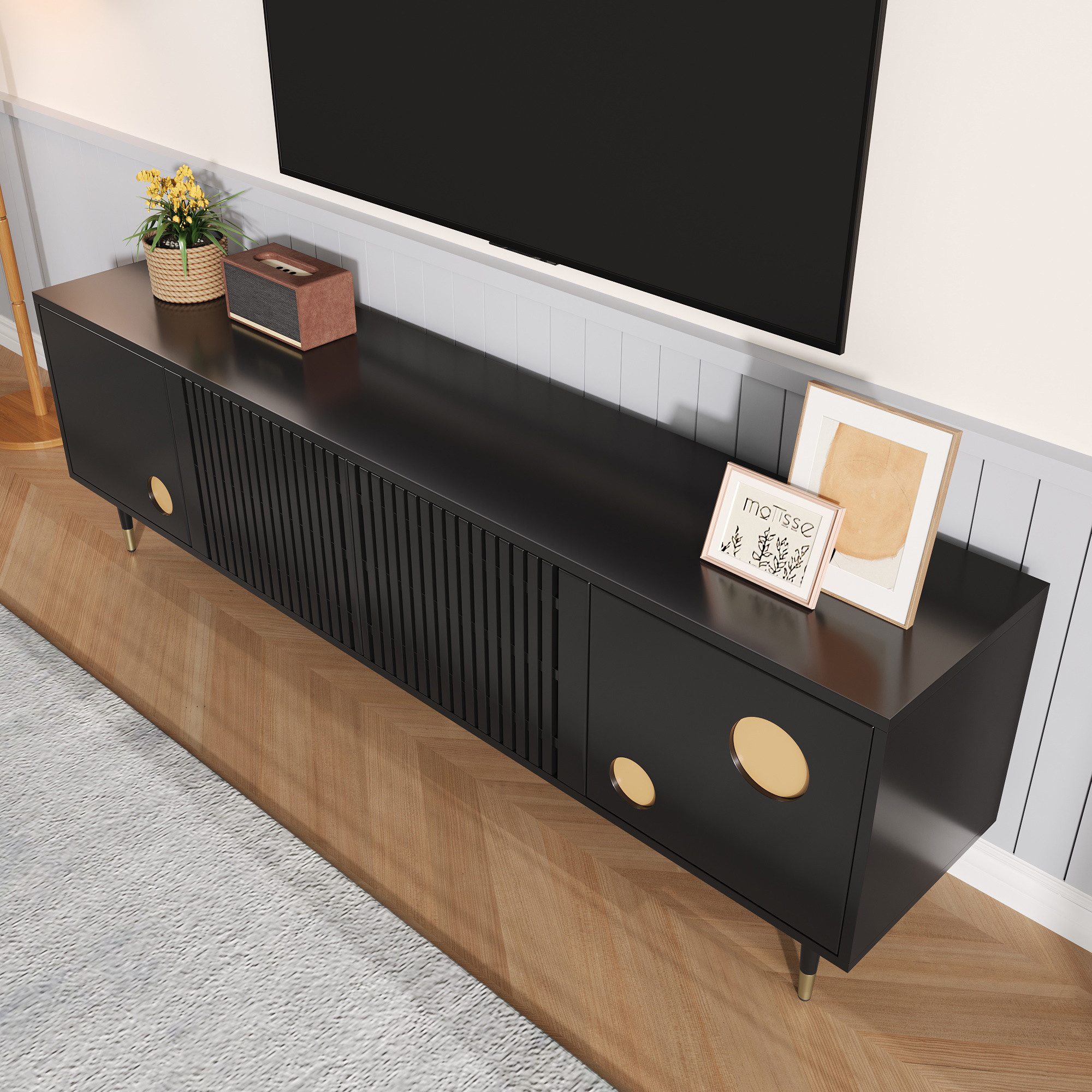 Merax Lowboard mit Goldakzenten (1 St., 170 L x 36 B x 54 H(cm), TV-Schrank mit 4 Türen,Kippschutz,Stauraum & verstellbare Metallfüße