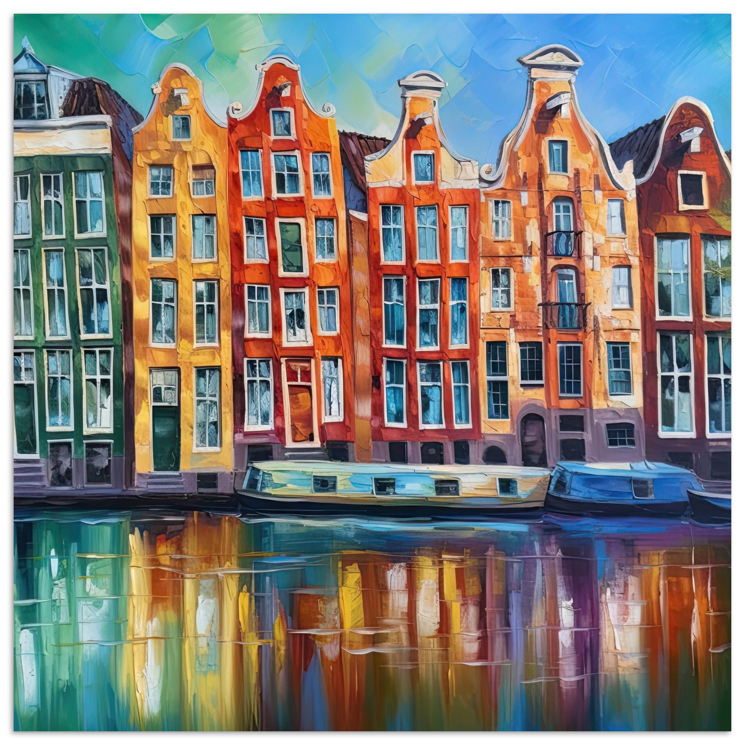 MuchoWow Poster Amsterdam - Ölfarbenoptik - Gracht - Kunstdrucke - Kunst, (1 St), Poster ohne Rahmen, Wandbild, Wandposter, 50x50 cm