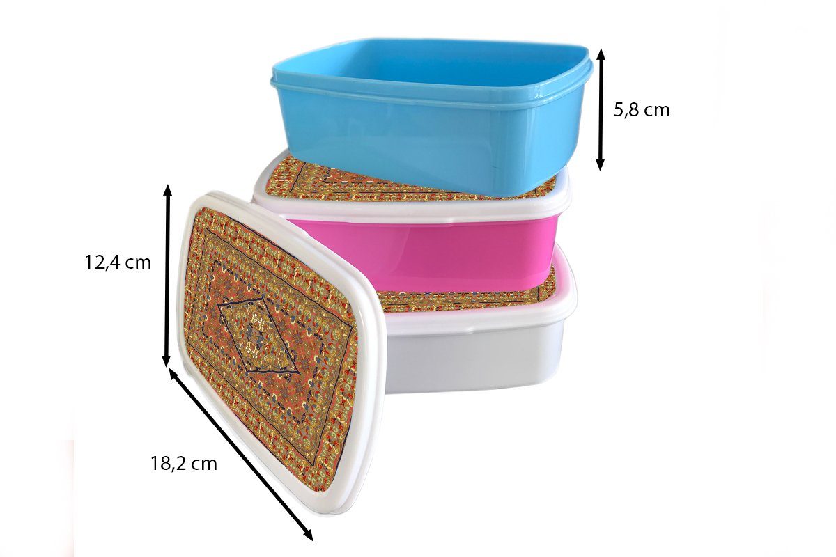 MuchoWow Lunchbox Rot, Erwachsene, Teppich Brotdose Kunststoff, - Gelb Brotbox (2-tlg), Snackbox, - Kinder, Teppich Mädchen, Persischer Kunststoff rosa für 