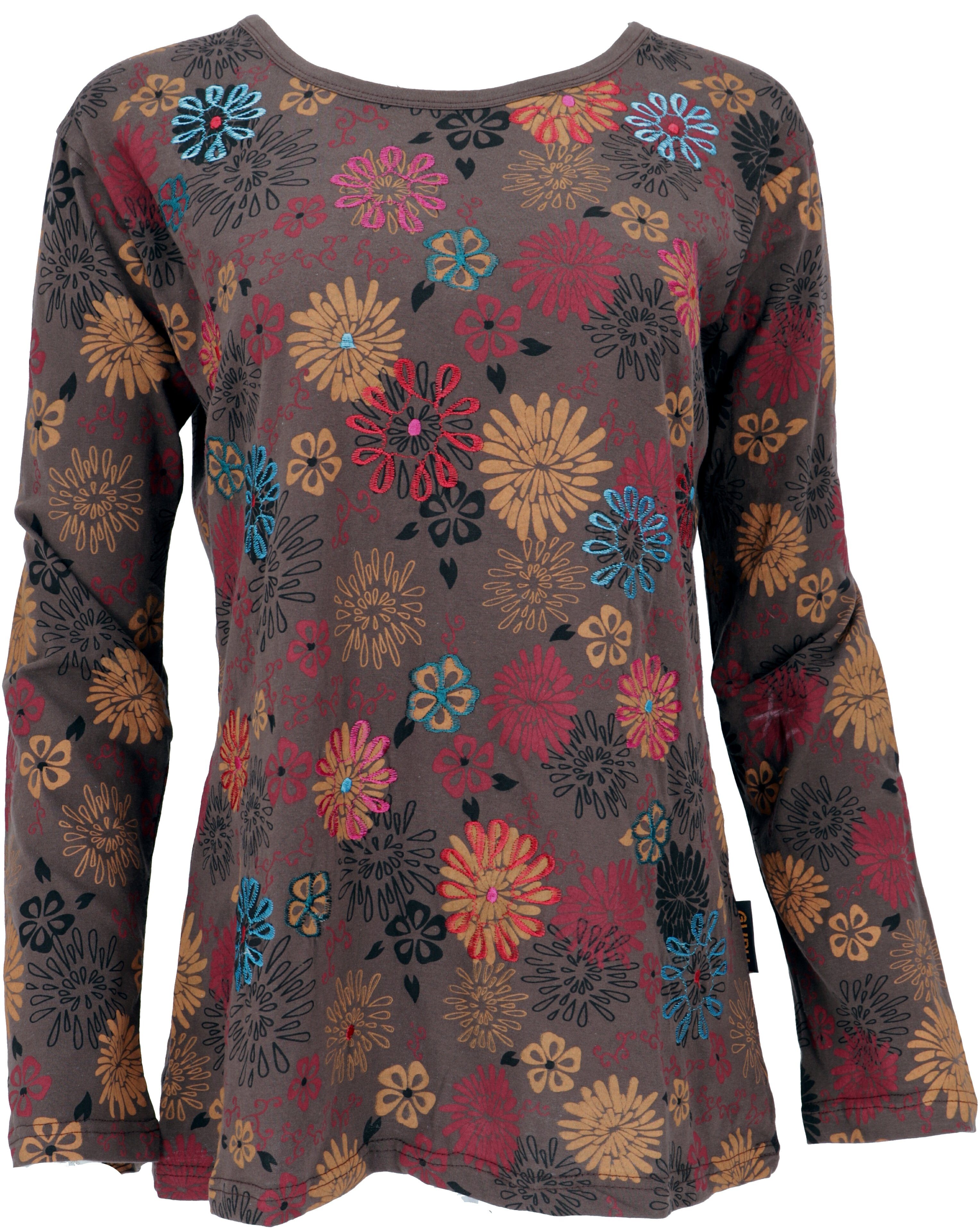 Guru-Shop Longsleeve Besticktes Langarmshirt Hippie chic Retro - braun alternative Одежда