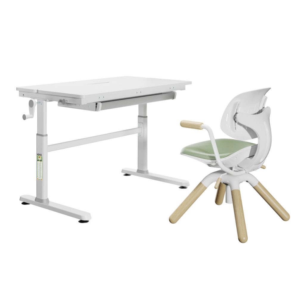 HOKO Kindertisch Schülerschreibtisch höhenverstellbar+ Lernstuhl Kinder Lern-Set (100×60cm / 120×60cm) + Neigbare Tischplatte, Schubladen, Mitwachsend, Kinder ab 6 Jahren)