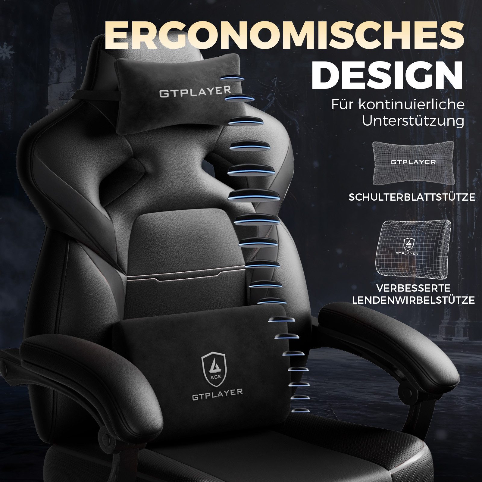 GTPLAYER Gaming-Stuhl Gamer Sessel Gamer Stuhl mit Fußstütze Lendenkissen Kopfstütze, Verstellbaren Armlehnen mit Fußstütze Gamingstuhl 150 Kg Drehbarer