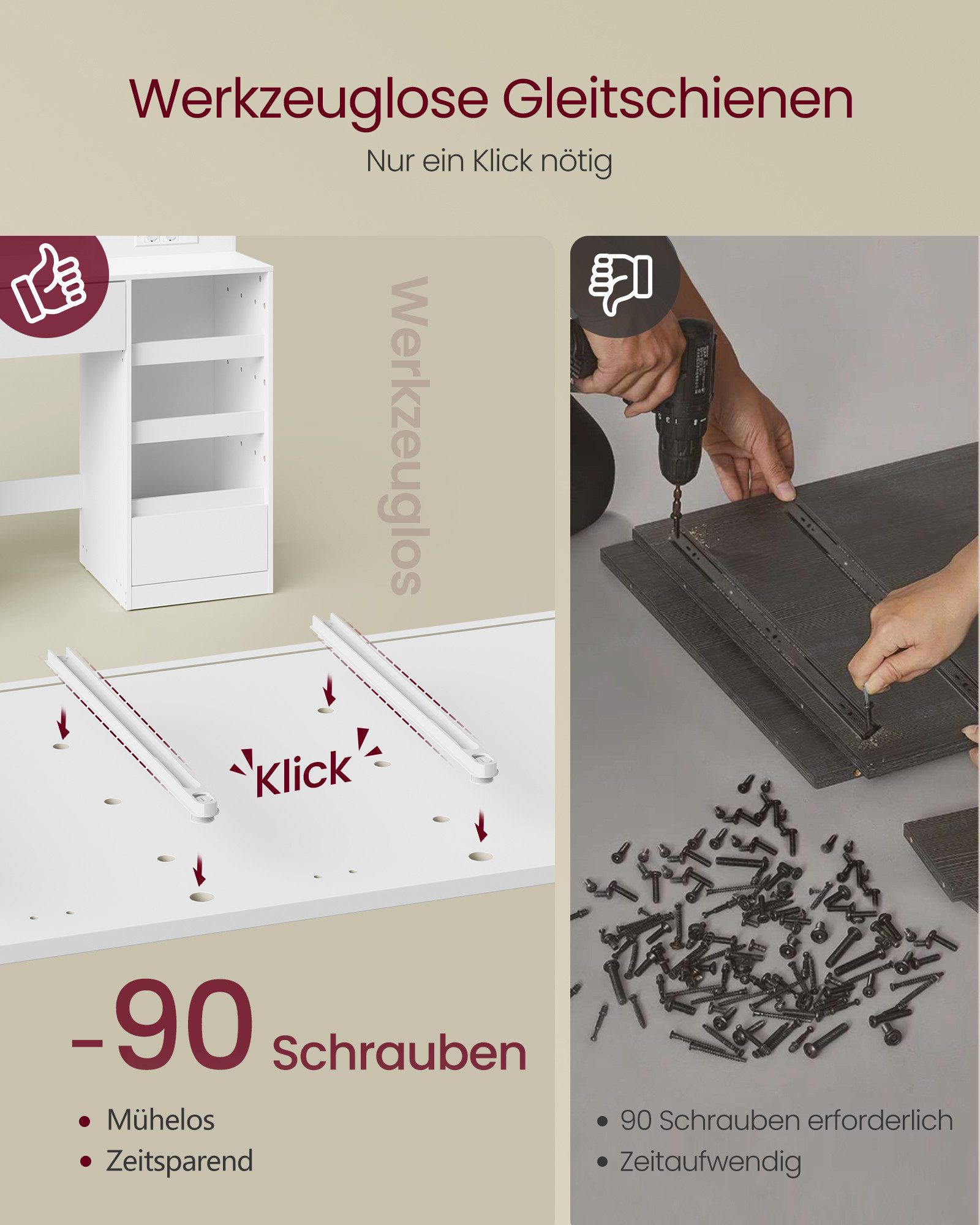 VASAGLE Schminktisch mit Spiegel und LED-Leuchten, Steckdosenleiste, Schubl günstig online kaufen